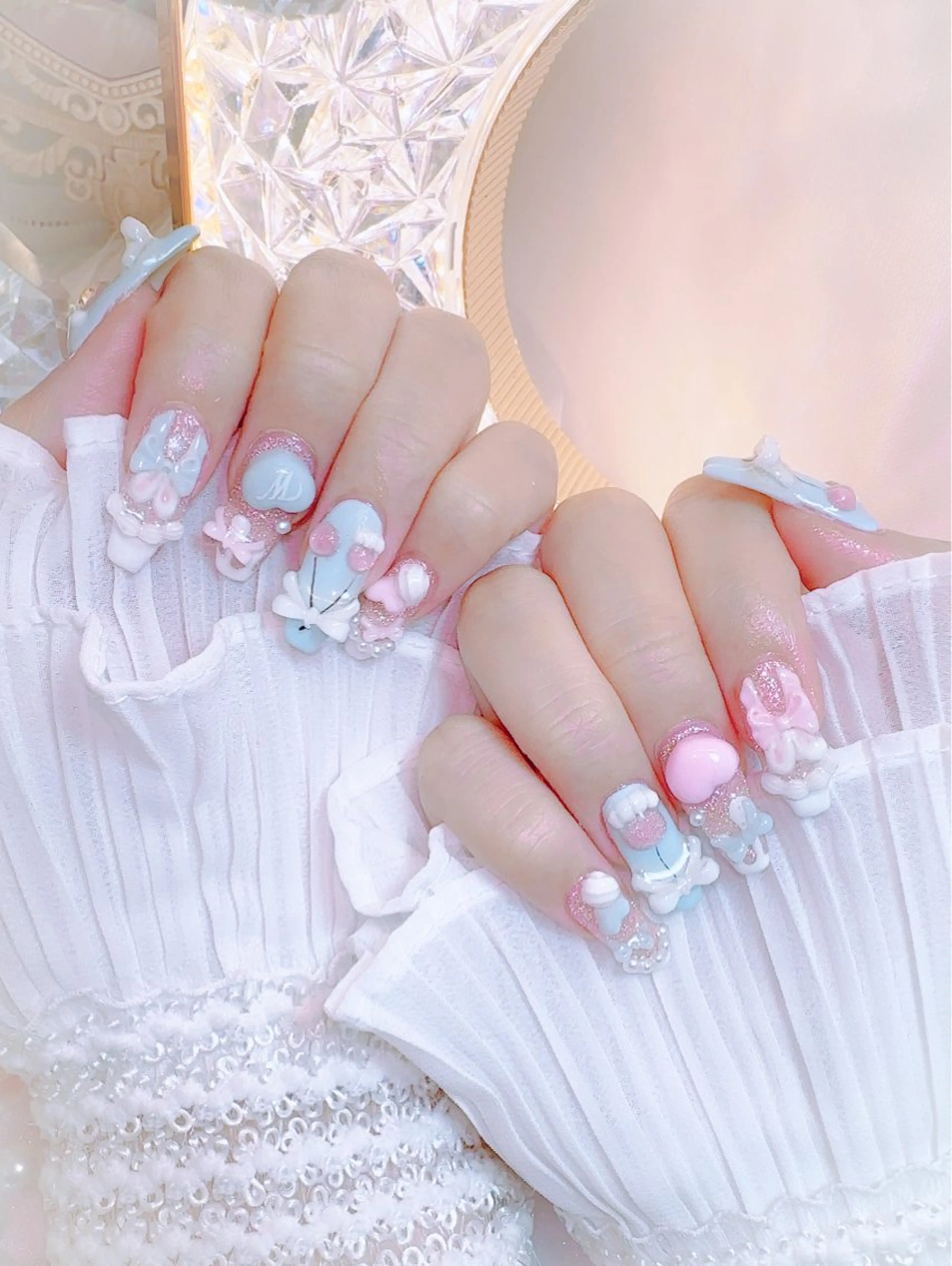 ネイル ハート 水色 ピンク リボン ハンドネイル ワンホン、かわいい系 🎀ななみのネイルデザイン