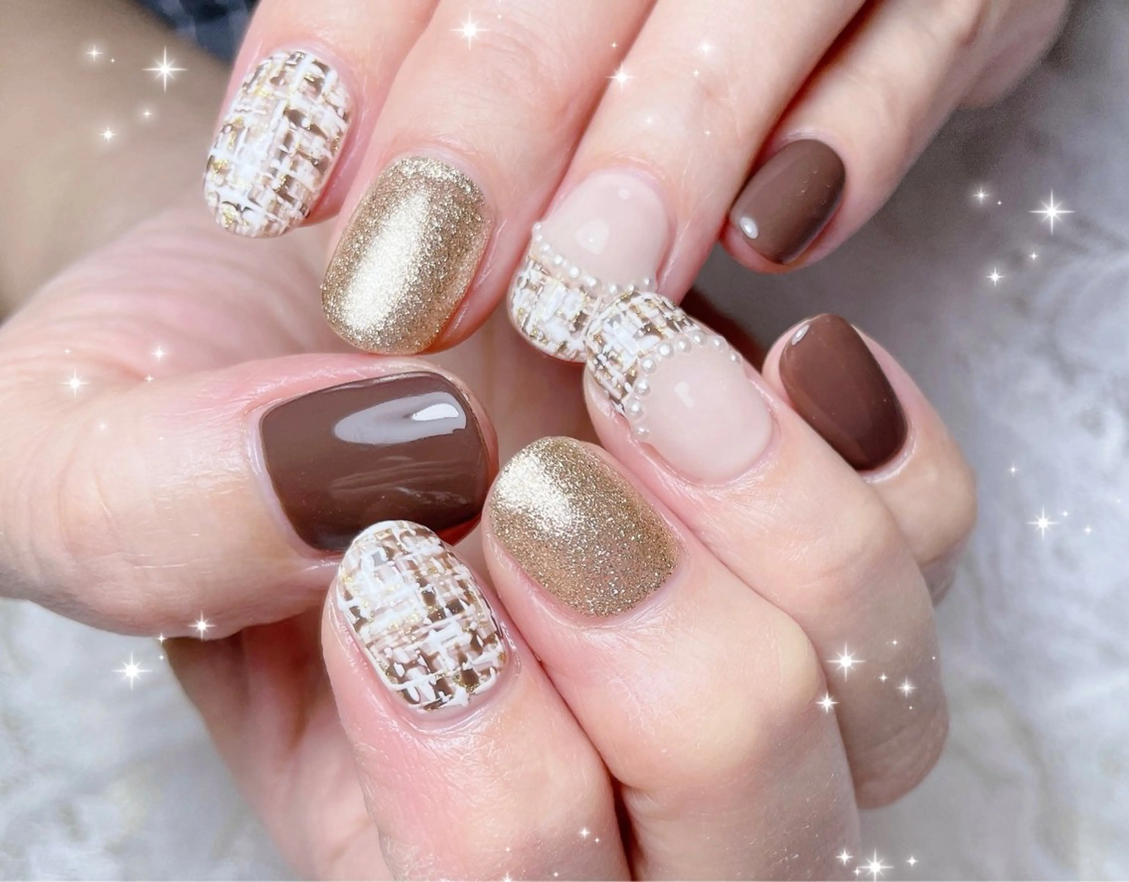 ネイル ブラウン ツイードネイル ハンドネイル FLARE NAIL フレアネイルのネイルデザイン