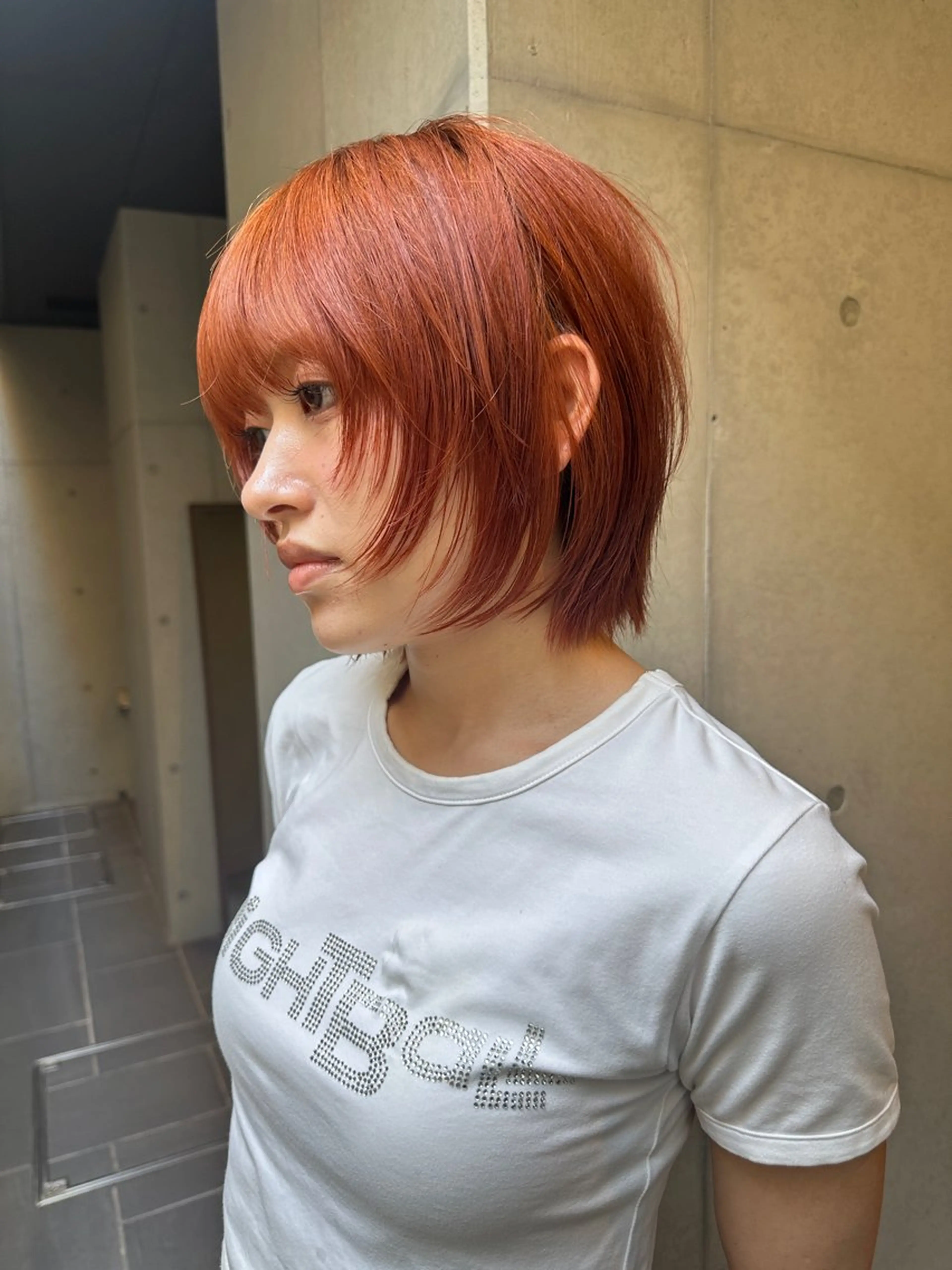 ショート カラー ボブレイヤー オレンジ ボブ 顔まわりレイヤー ハッシュカット カット ヘアカラー ウルフ/レイヤー🟠 山本祐輔🟠のヘアスタイル