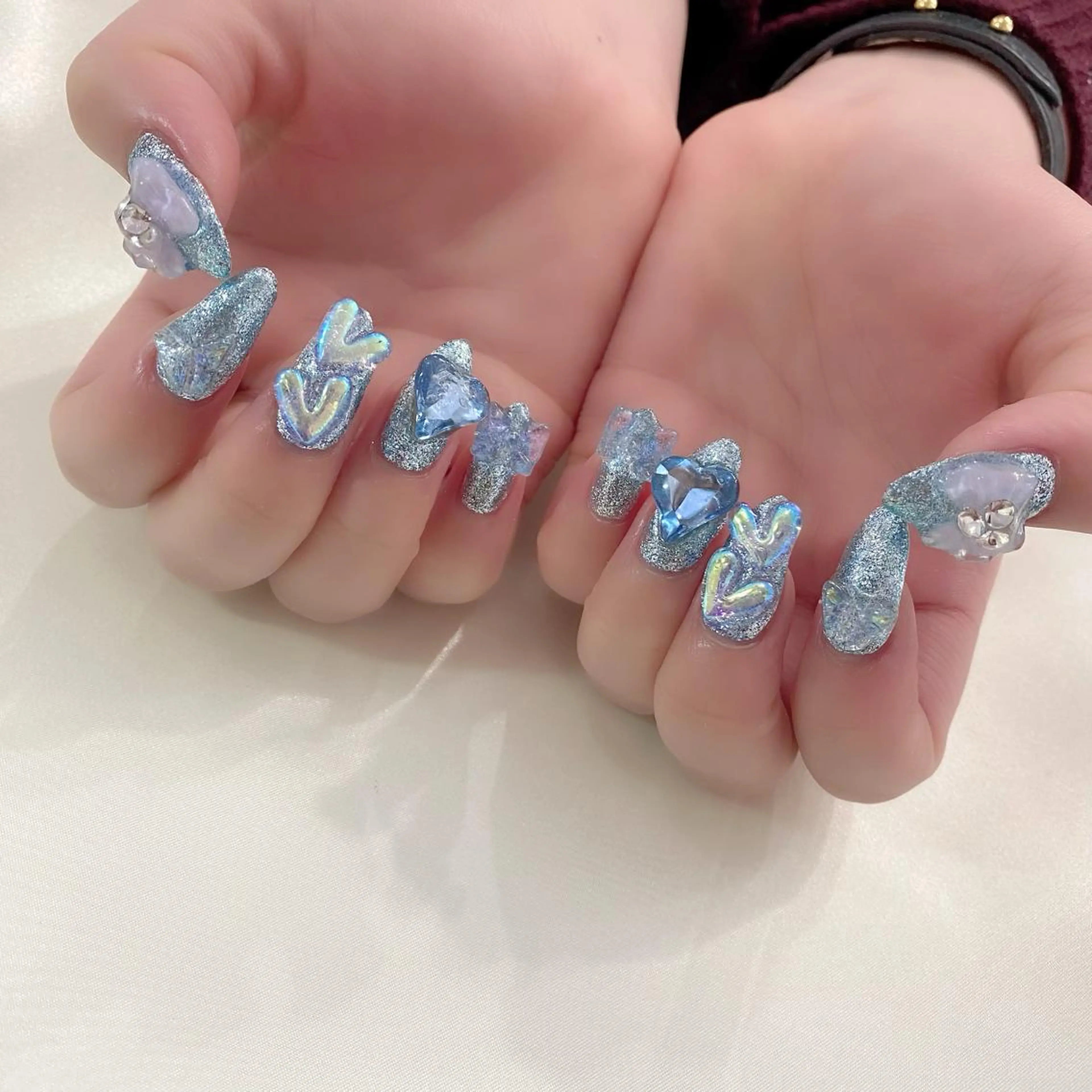 ネイル アートネイル ブルー ジェルネイル ハート キラキラネイル ハンドネイル Salon Ｋのネイルデザイン