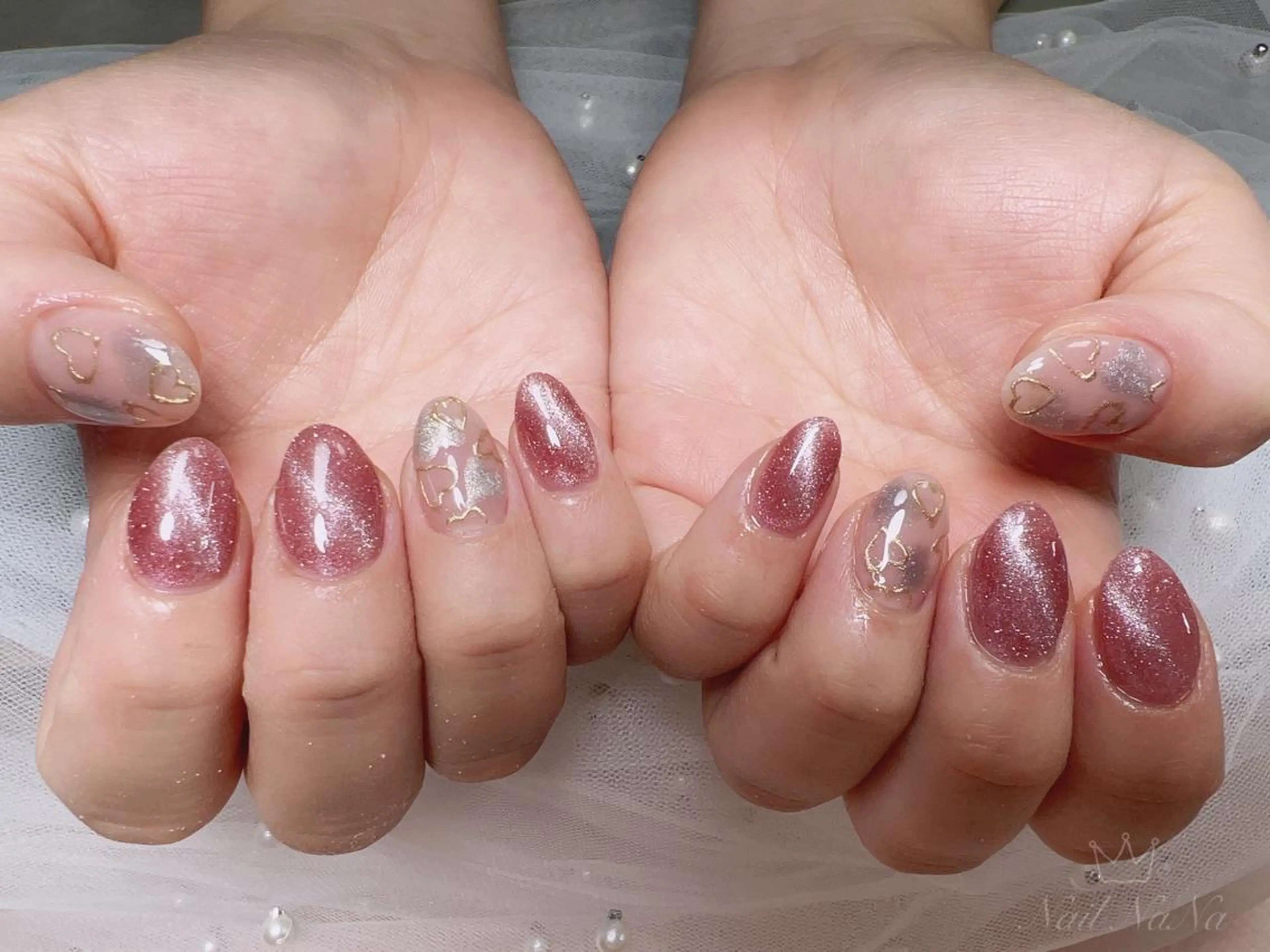 ショート カラー ネイル ピンクカラー アートネイル ハート マグネットネイル ピンク ハンドネイル Nail NaNaのネイルデザイン