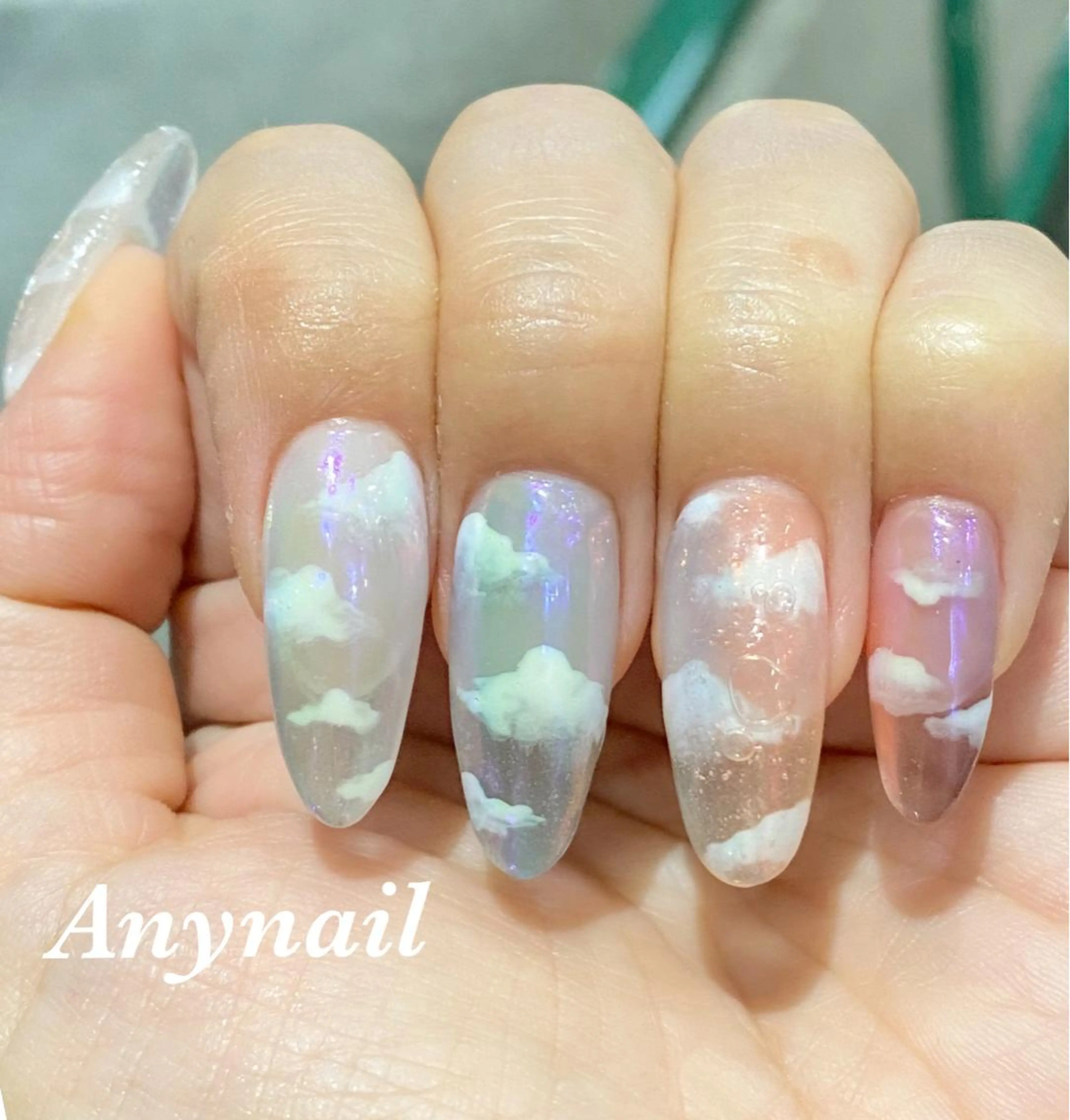 ネイル オーロラネイル ブルー クリアネイル スカルプネイル 夏ネイル ハンドネイル 岩澤 恵子のネイルデザイン