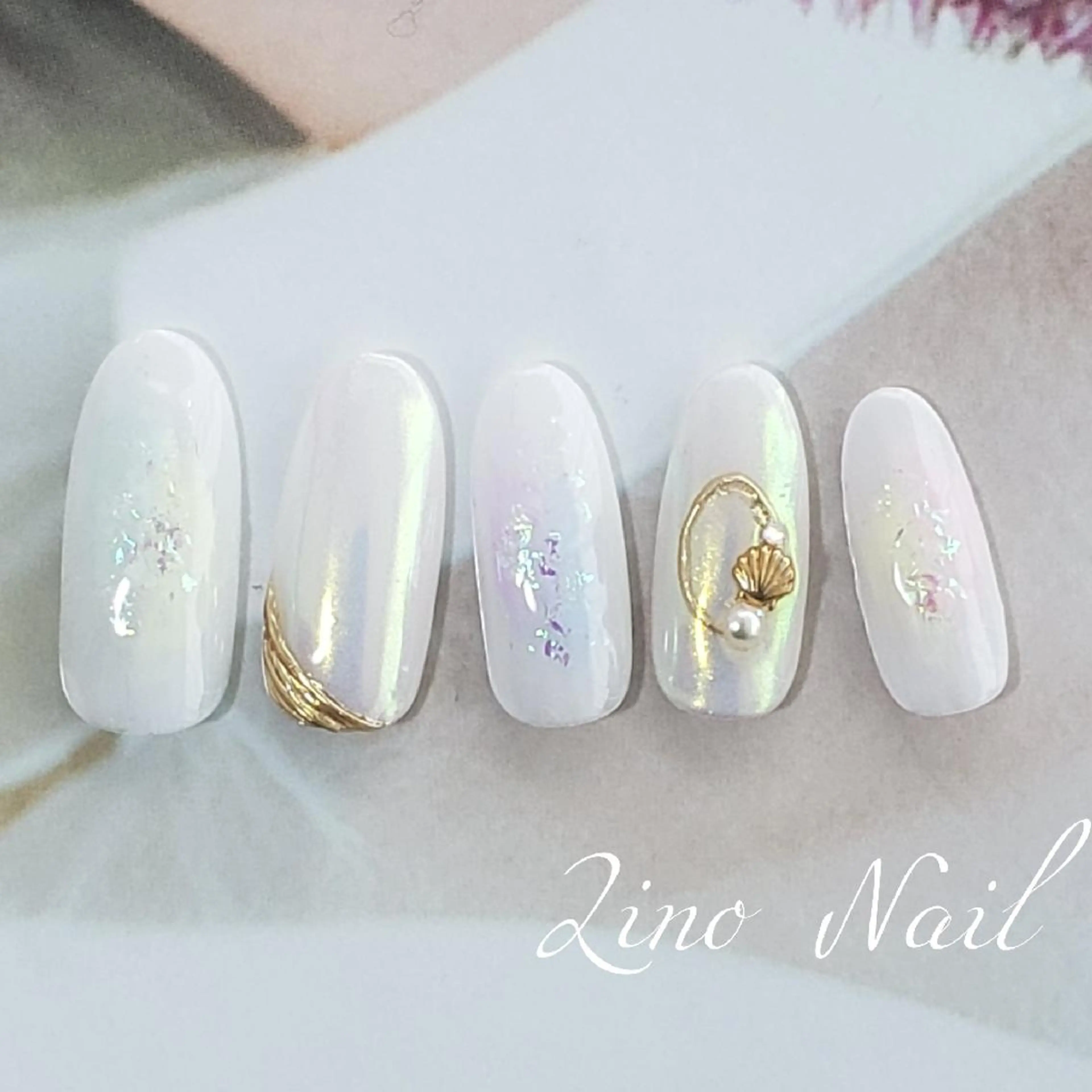 ネイル オーロラネイル ブルー カジュアル チークネイル ジェルネイル ハンドネイル Lino Nailのネイルデザイン