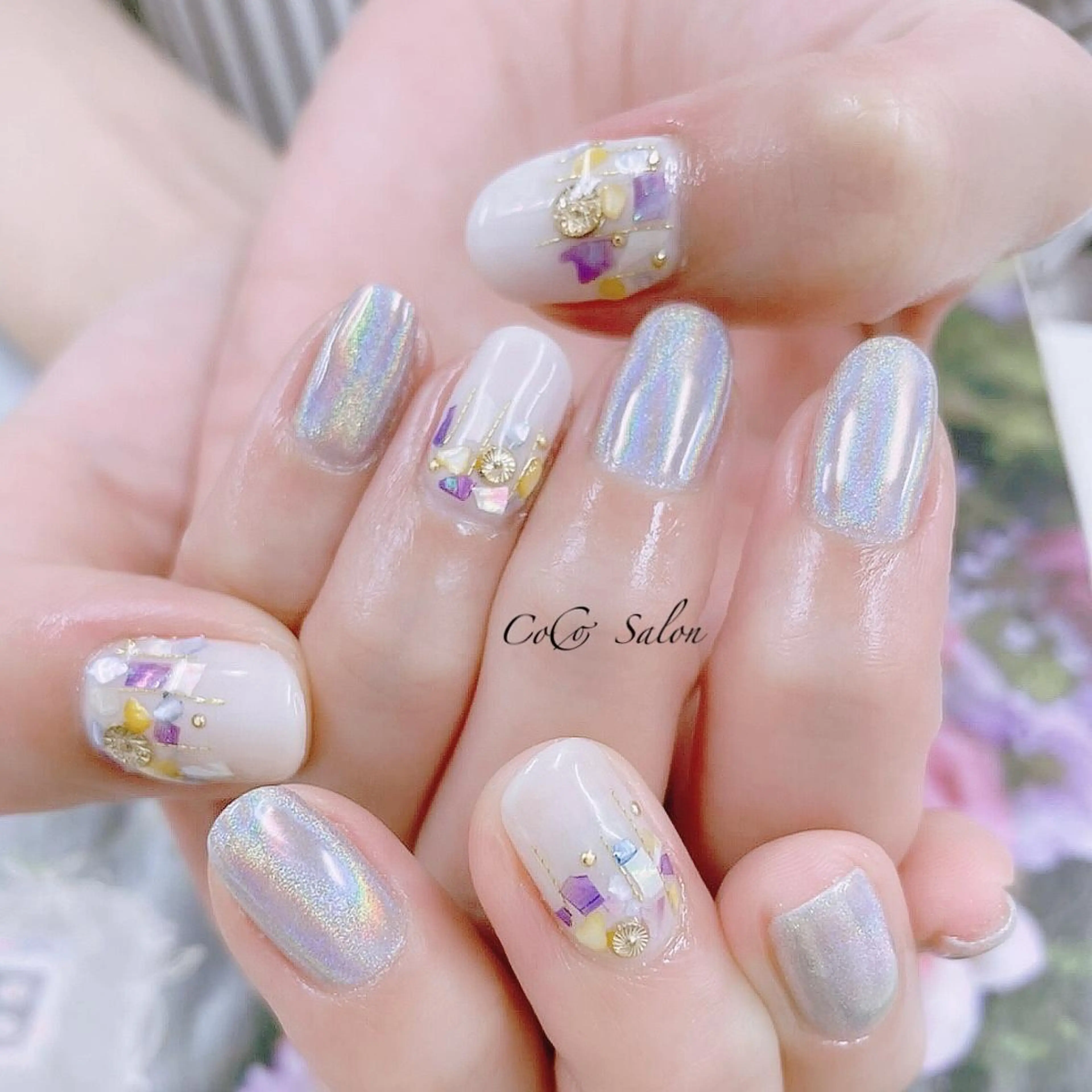 ネイル 長さ出し ジェルネイル ホログラムネイル キラキラネイル ミラーネイル ハンドネイル CoCoSalon ネイル/まつ毛予約のネイルデザイン