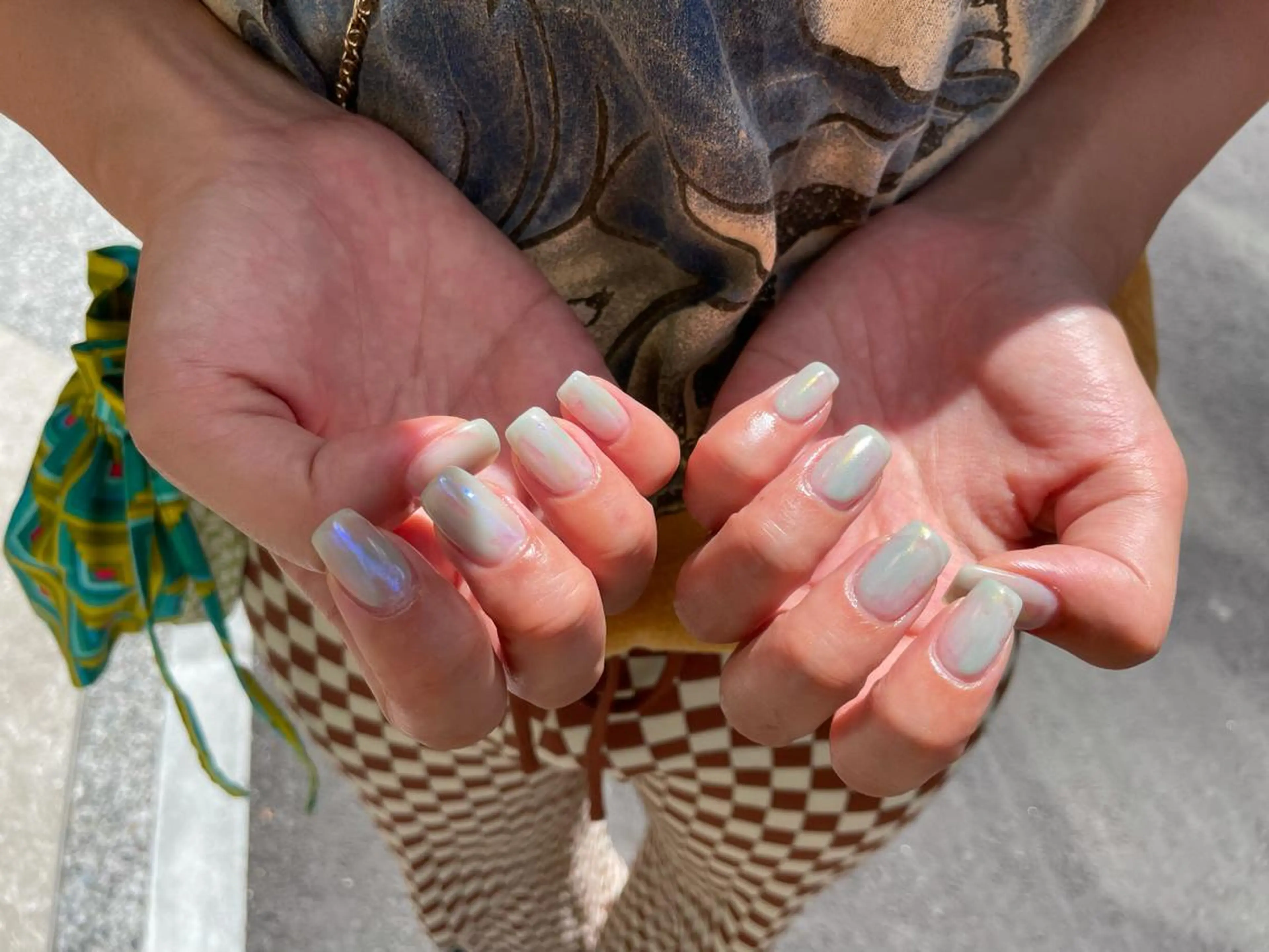 ネイル ブルー グリーン ミラーネイル オレンジ MH_ Nailのネイルデザイン