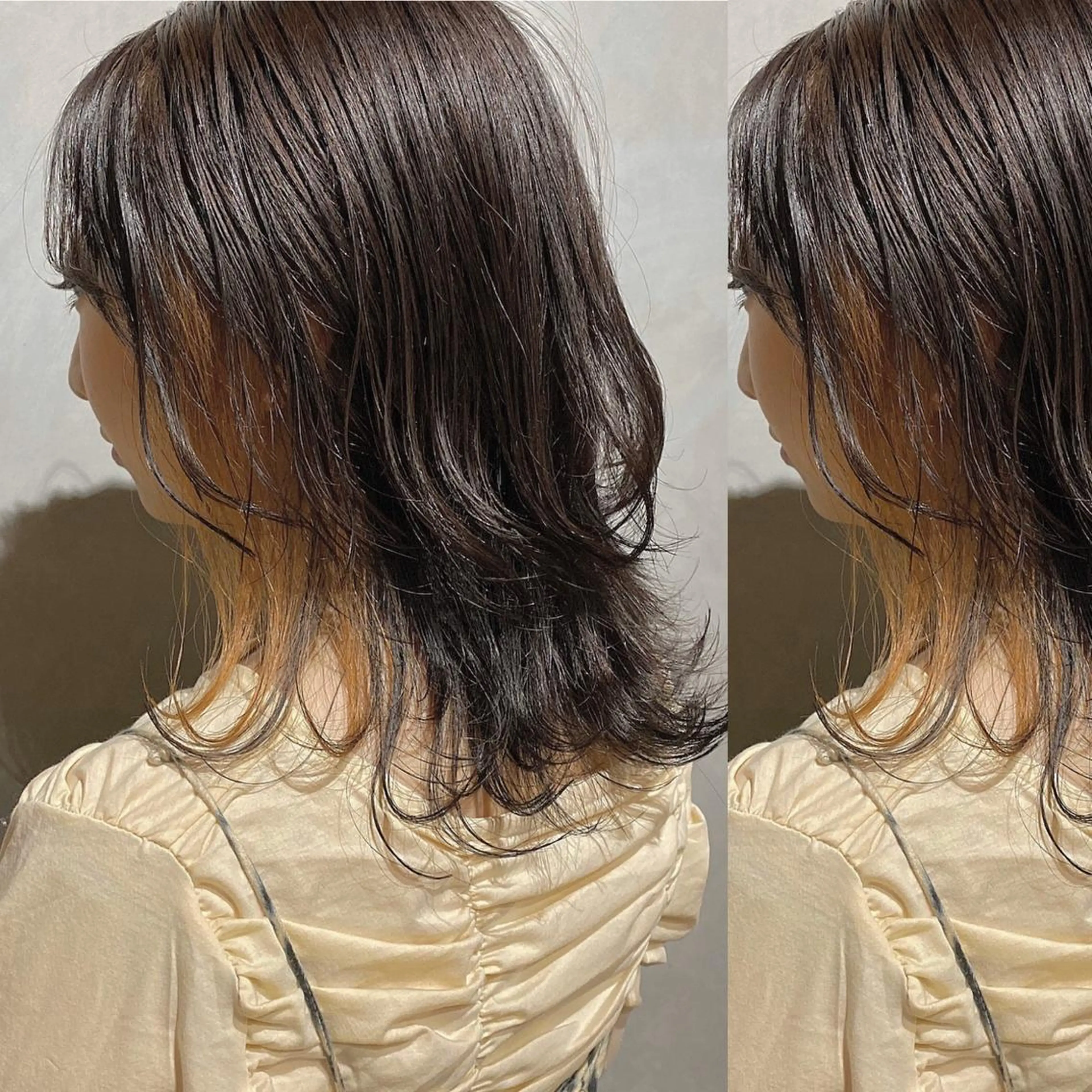 セミロング カラー ブリーチ デザインカラー インナーカラー オレンジ ウルフカット CLUTCH天王寺 西藤遥河のヘアスタイル