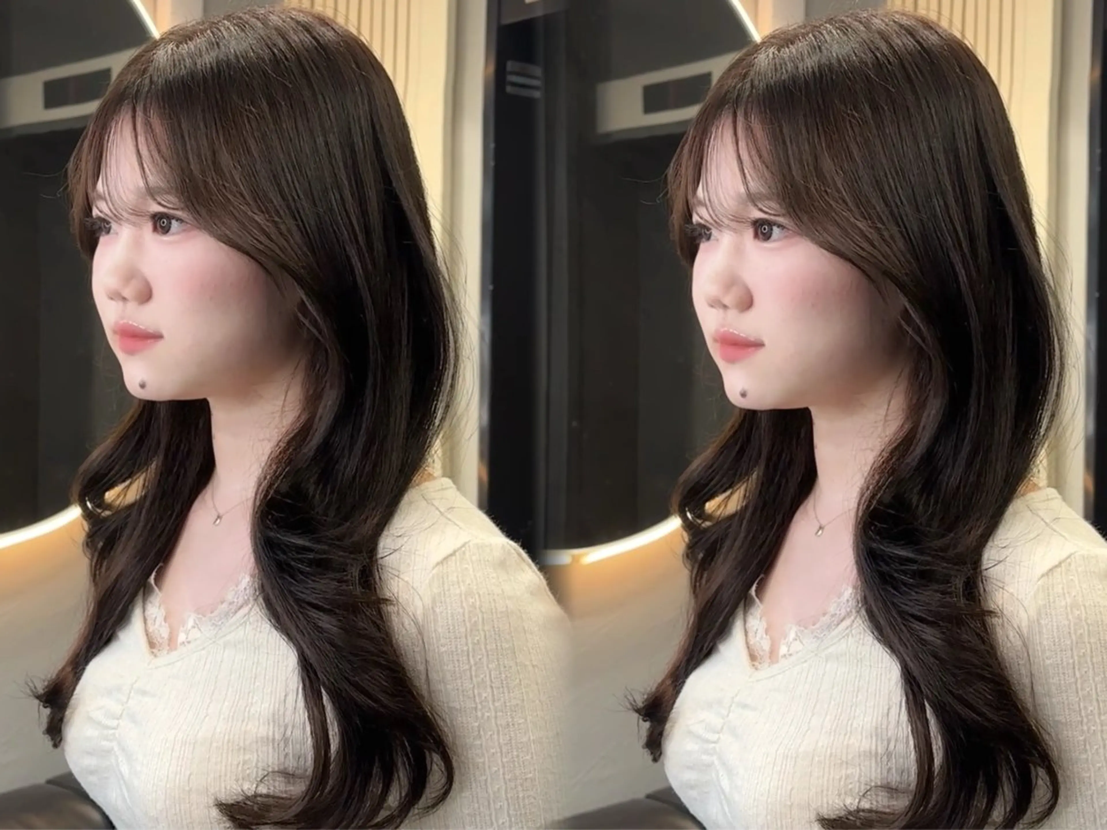 ロング カット ヘアカラー トリートメント 韓国ヘア/ブリーチ無 しWカラー/オリーブのヘアスタイル