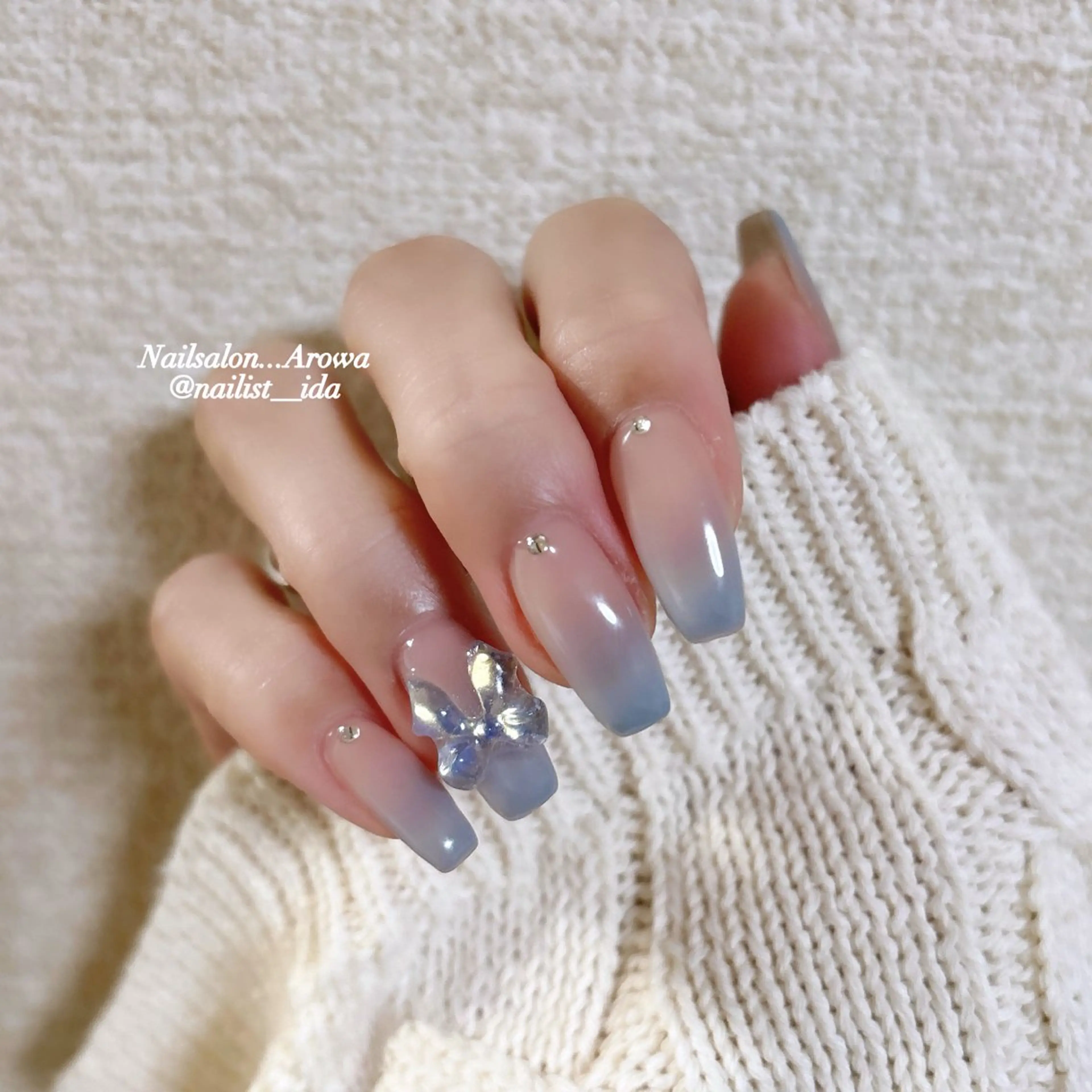 ネイル 水色 リボン Arowa 伊田のネイルデザイン