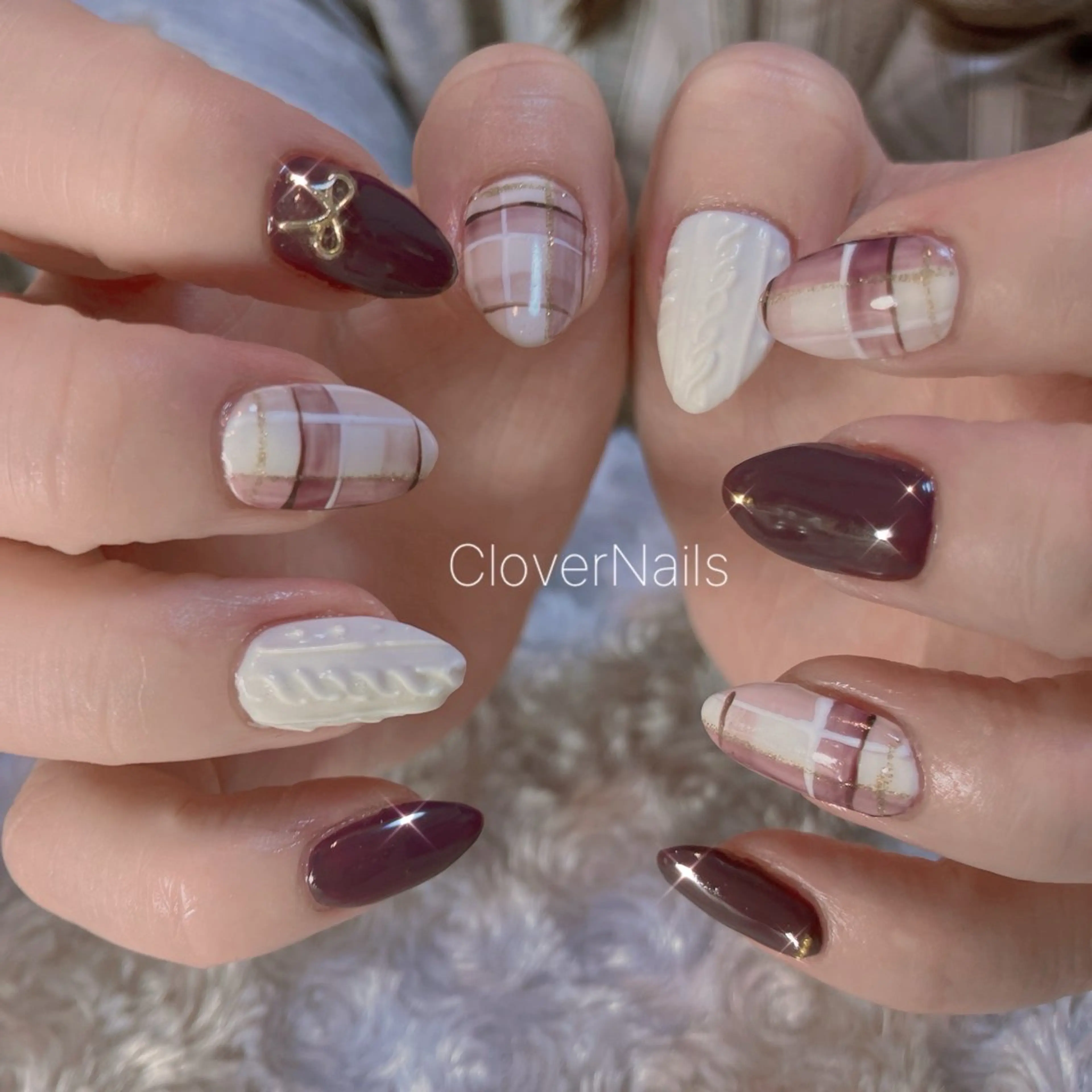 ネイル 持ち込み リボン 冬ネイル ハンドネイル 自宅ネイルサロン クロバーネイルのネイルデザイン