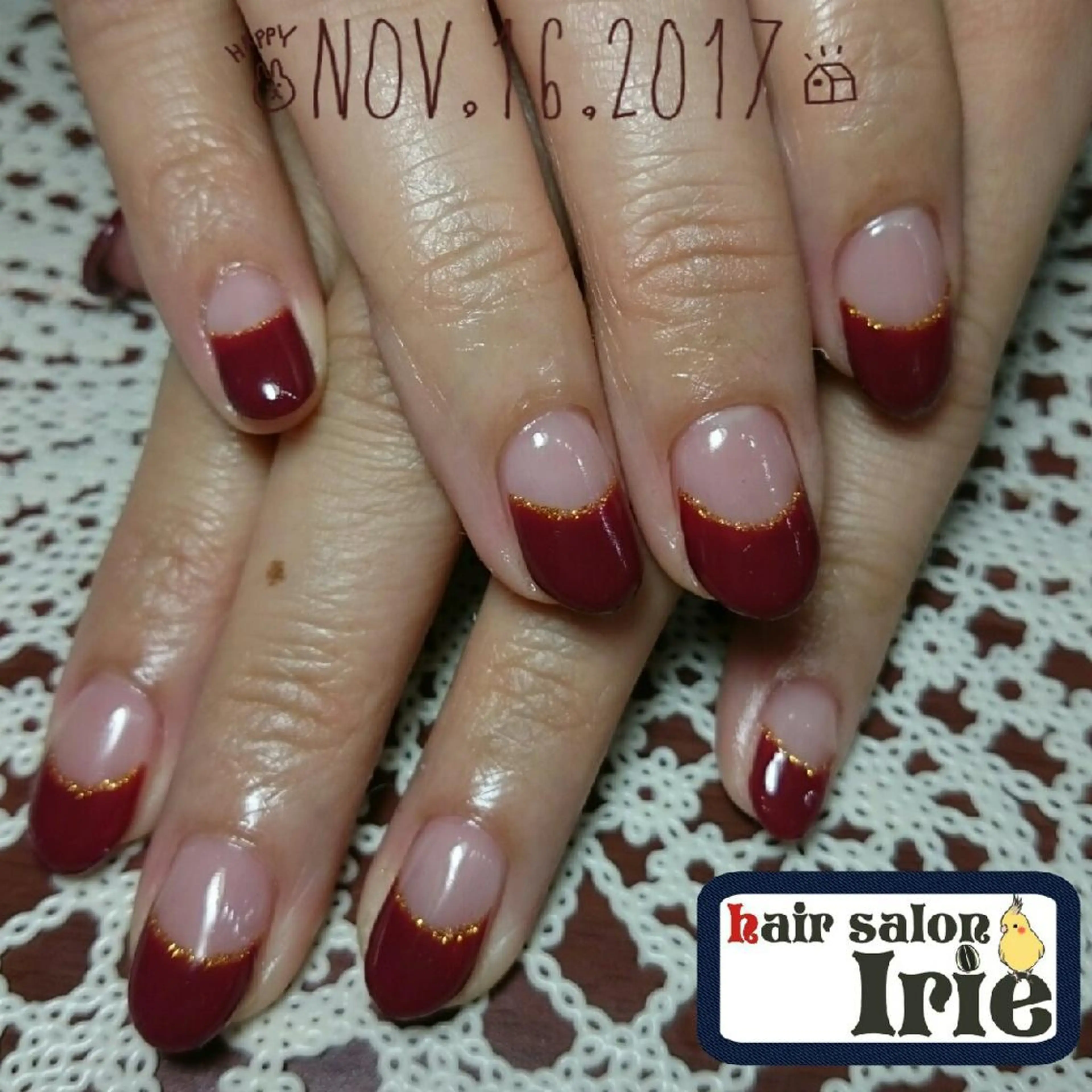 カラー パーマ ヘアアレンジ メンズ キッズ ネイル ボルドーカラー ボルドー フレンチネイル Hair salon Irie所属・與儀 知佳のネイルデザイン