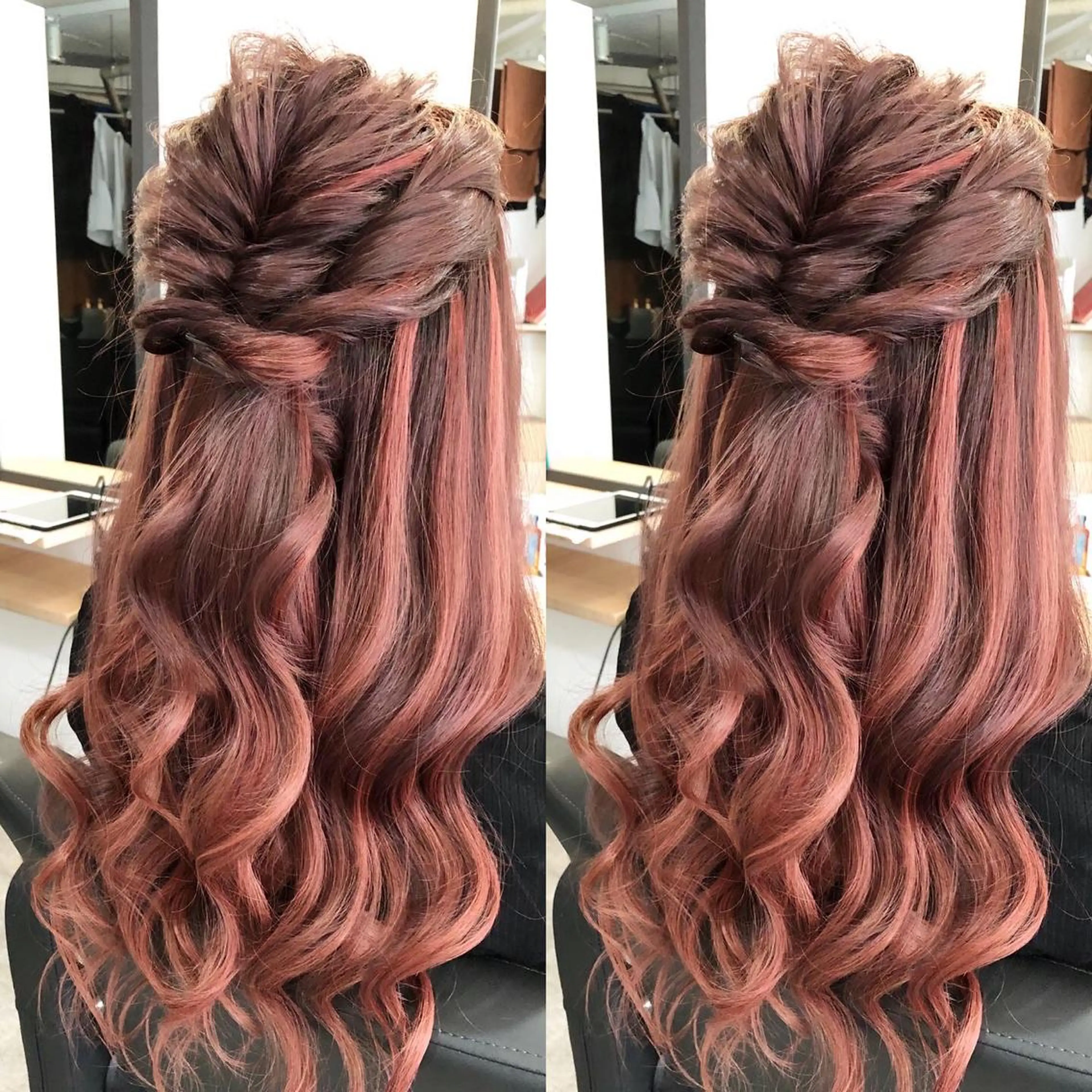 ロング カラー ヘアアレンジ ハーフアップ シールエクステ バレイヤージュ ブルーカラー ブラウンカラー alpha. カラーエクステ下妻のヘアスタイル