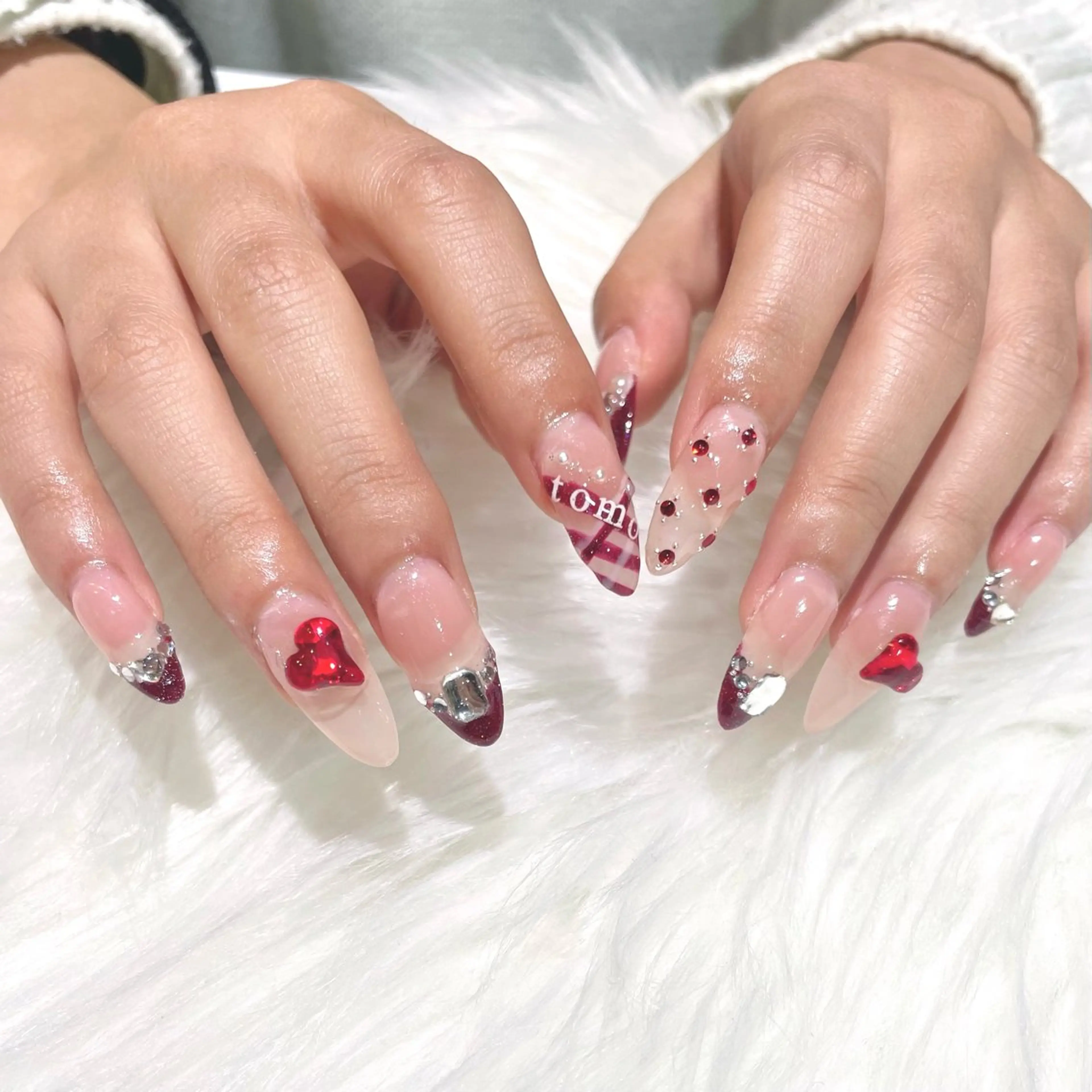 ネイル 長さ出し ハート 赤色 ネイルチップ ハンドネイル jujur HARUKA🌸のネイルデザイン