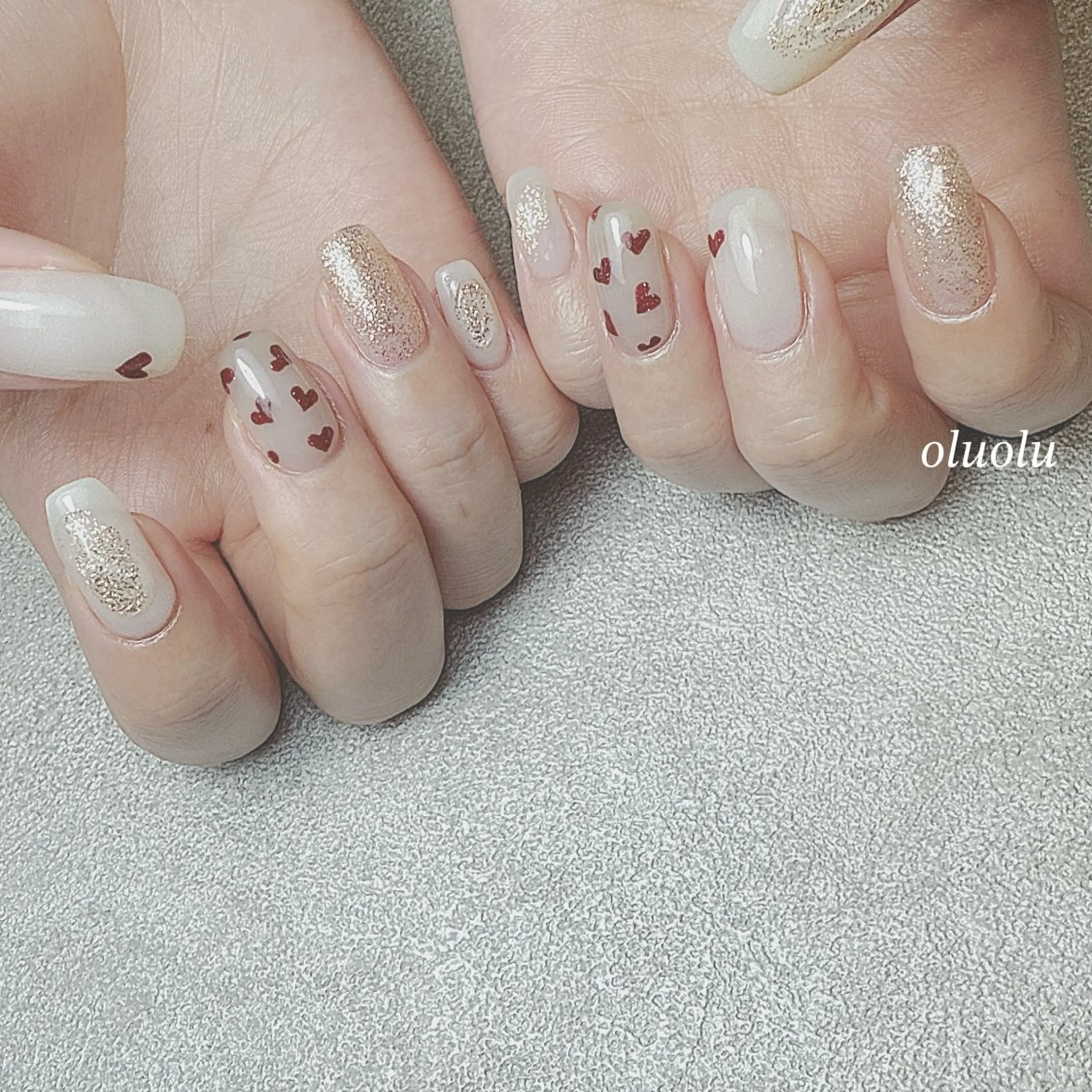 ネイル アートネイル ガーリー ハート ラメ(グリッター) ぷっくりネイル ハンドネイル 大村 紬華のネイルデザイン