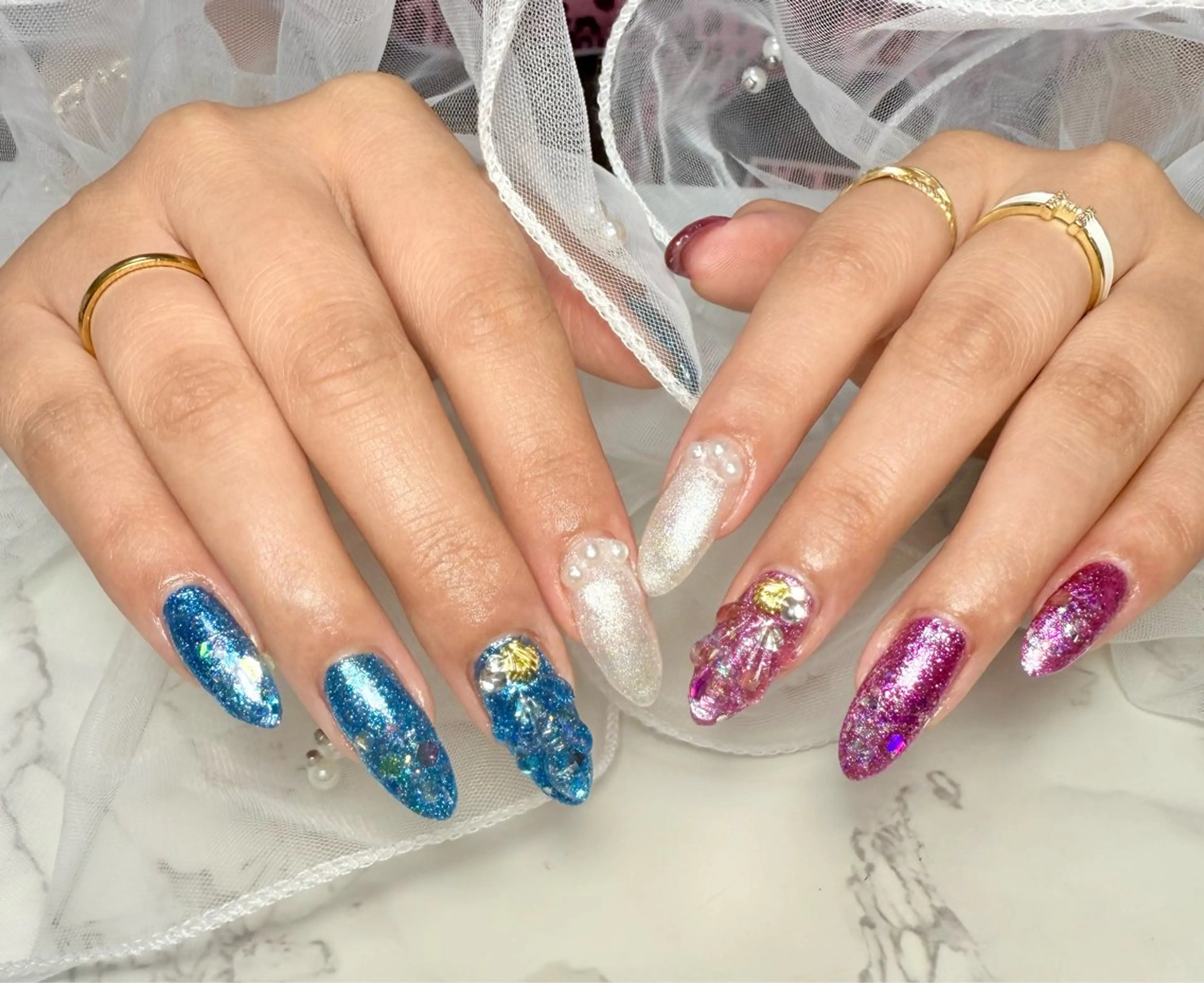 ネイル アートネイル 氷ネイル・うるうるネイル キラキラネイル ラメ(グリッター) マグネットネイル M.N_ nailのネイルデザイン