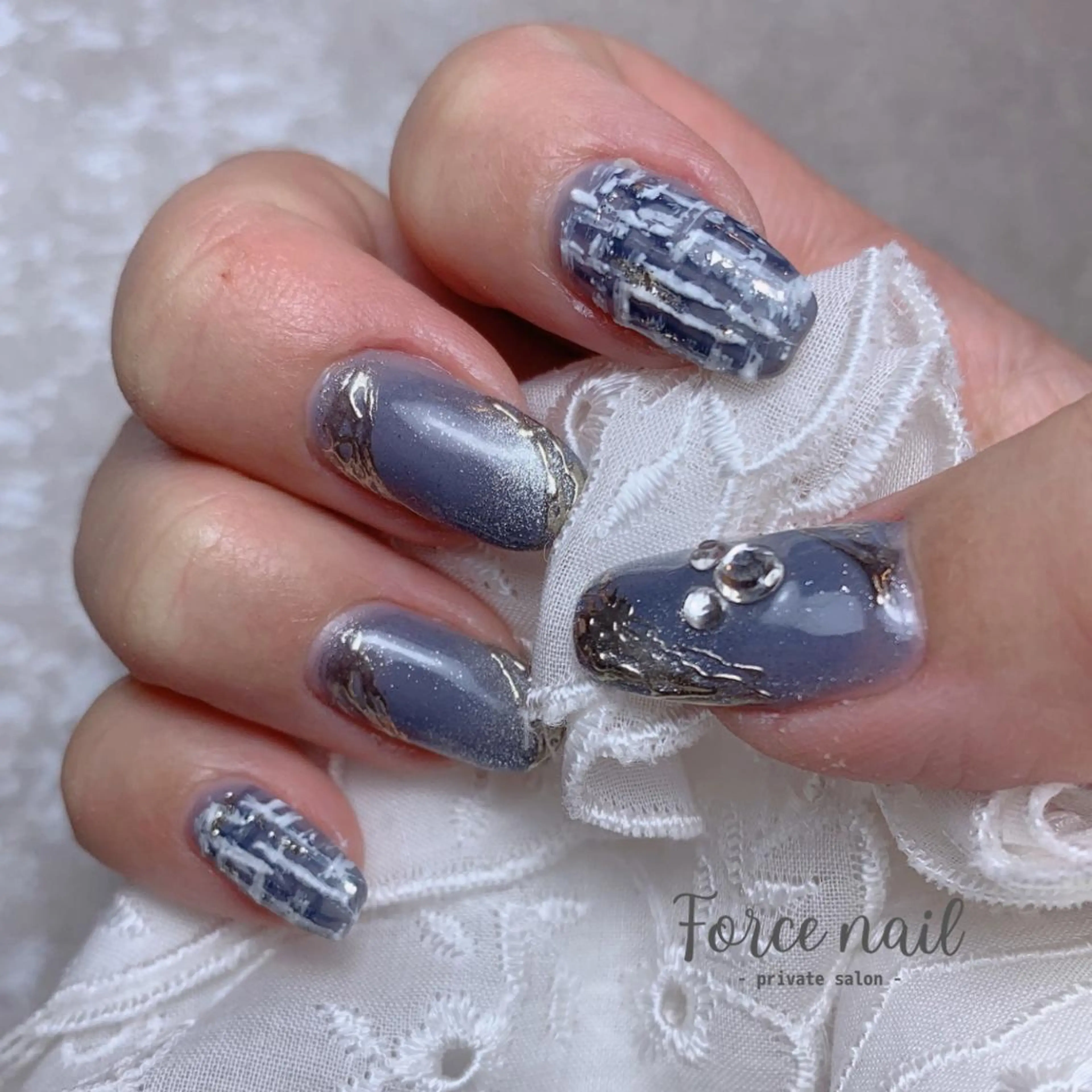 ネイル ブルー マグネットネイル ツイードネイル Force nail 美沙希のネイルデザイン