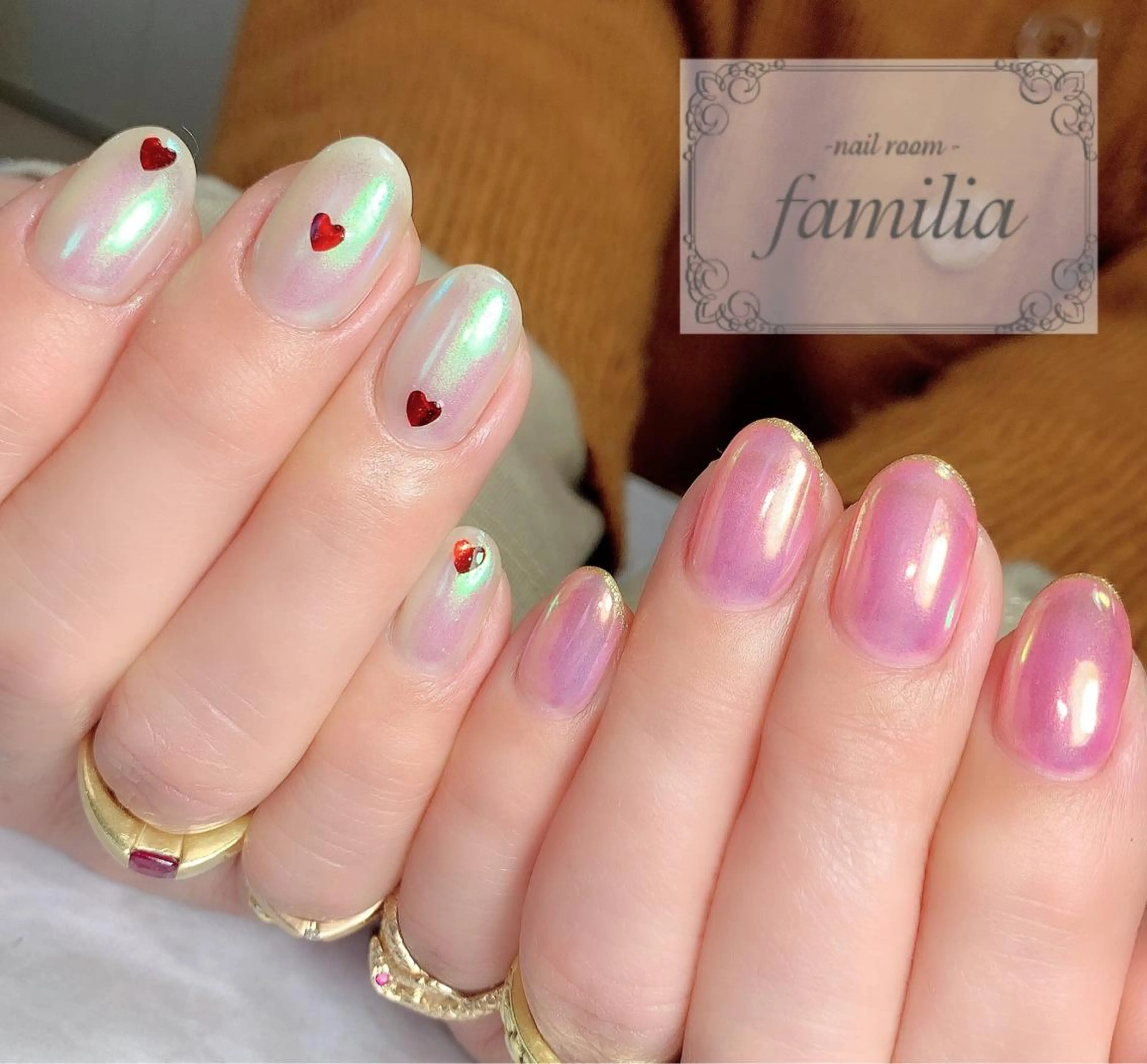 ネイル オーロラネイル ハート ホログラムネイル ラメ(グリッター) ハンドネイル -nailroom- familiaのネイルデザイン