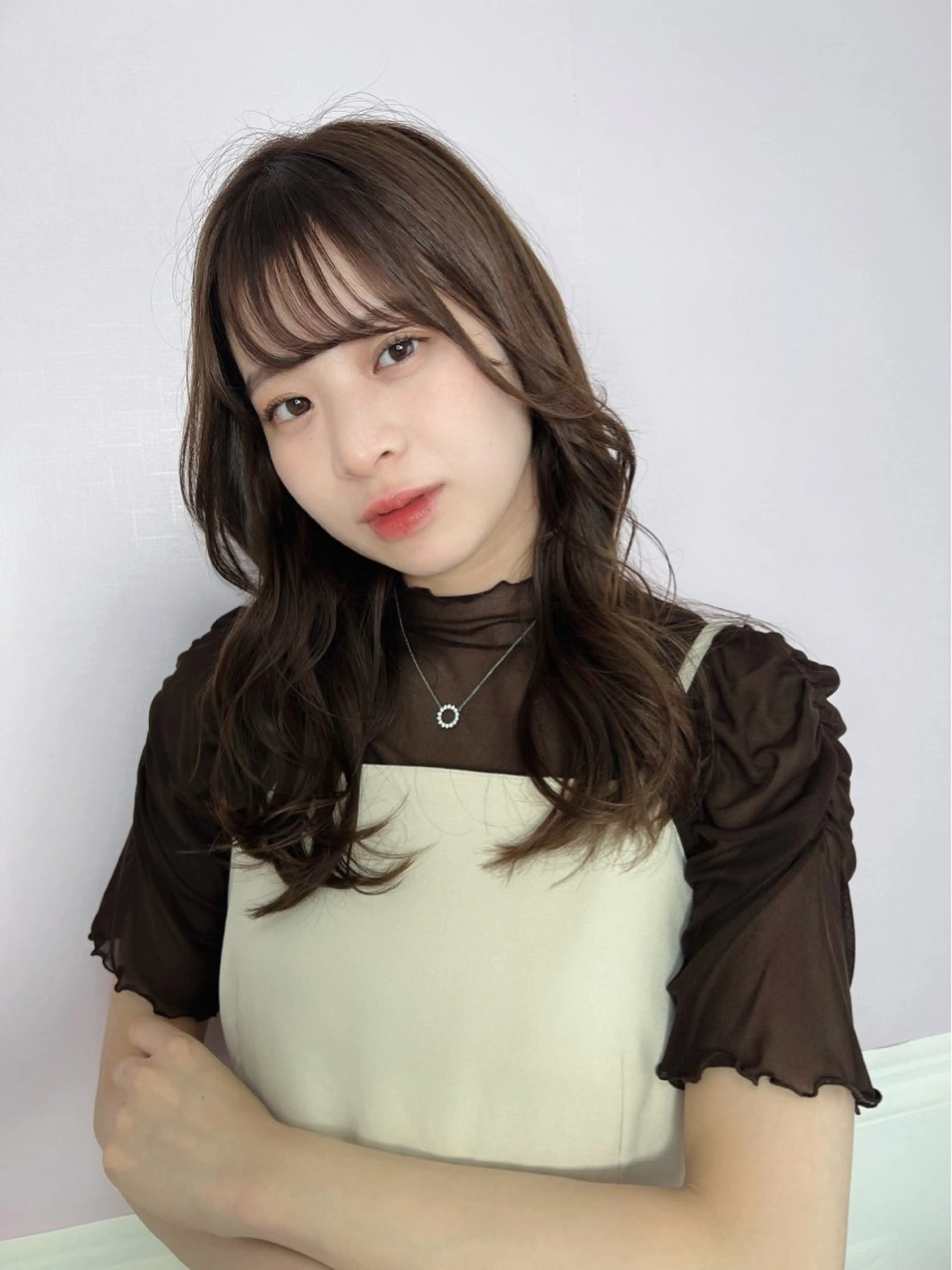 セミロング カラー セミロングパーマ ブラウンカラー 縮毛矯正 トリートメント カット無料｜レイヤー カット｜韓国モテへアのヘアスタイル