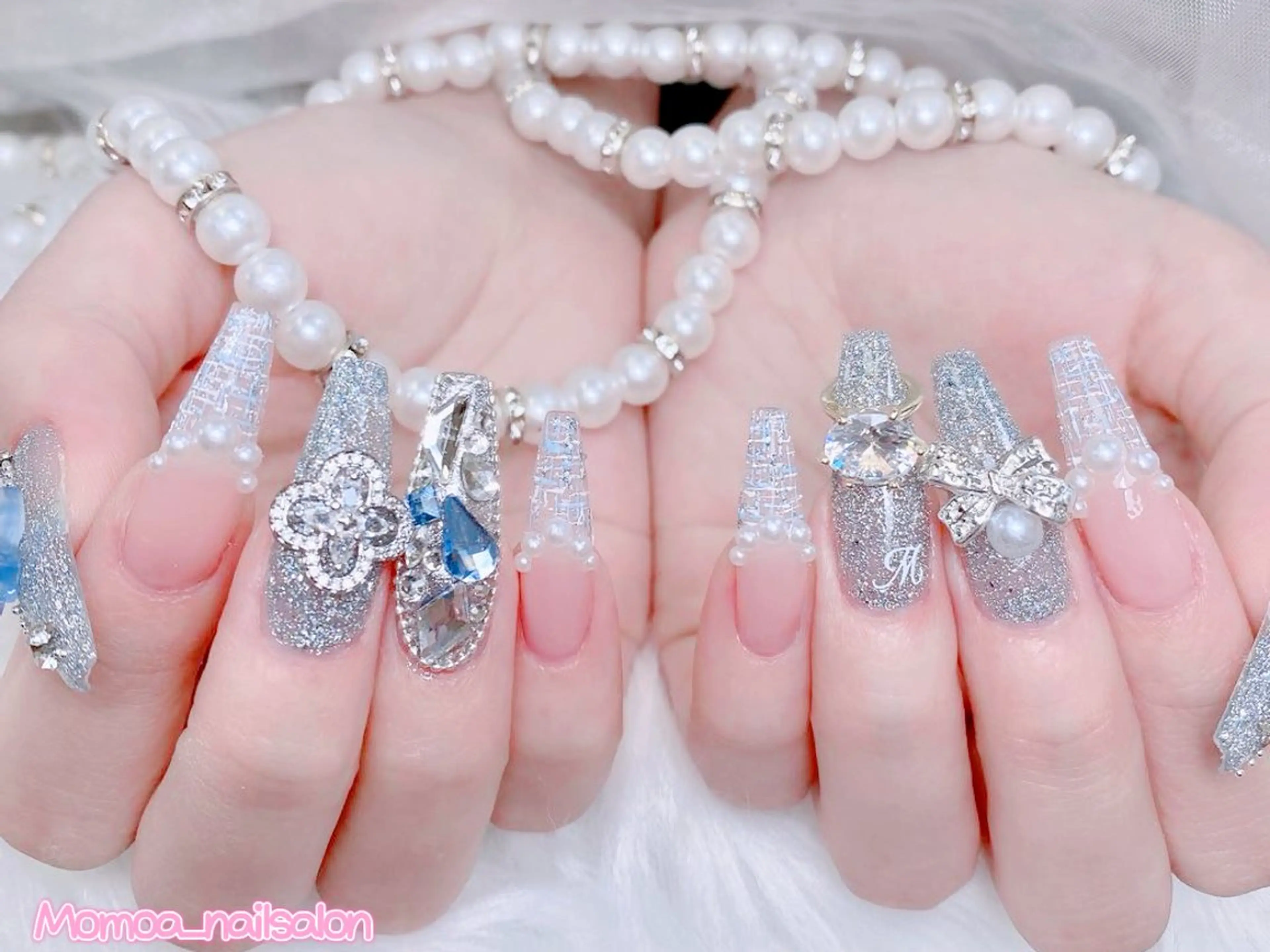 ネイル 成人式 ロングネイル マグネットネイル 大理石ネイル(マーブル) 持ち込み ハンドネイル MoMoA Nail ネイル長さ出し専門店のネイルデザイン