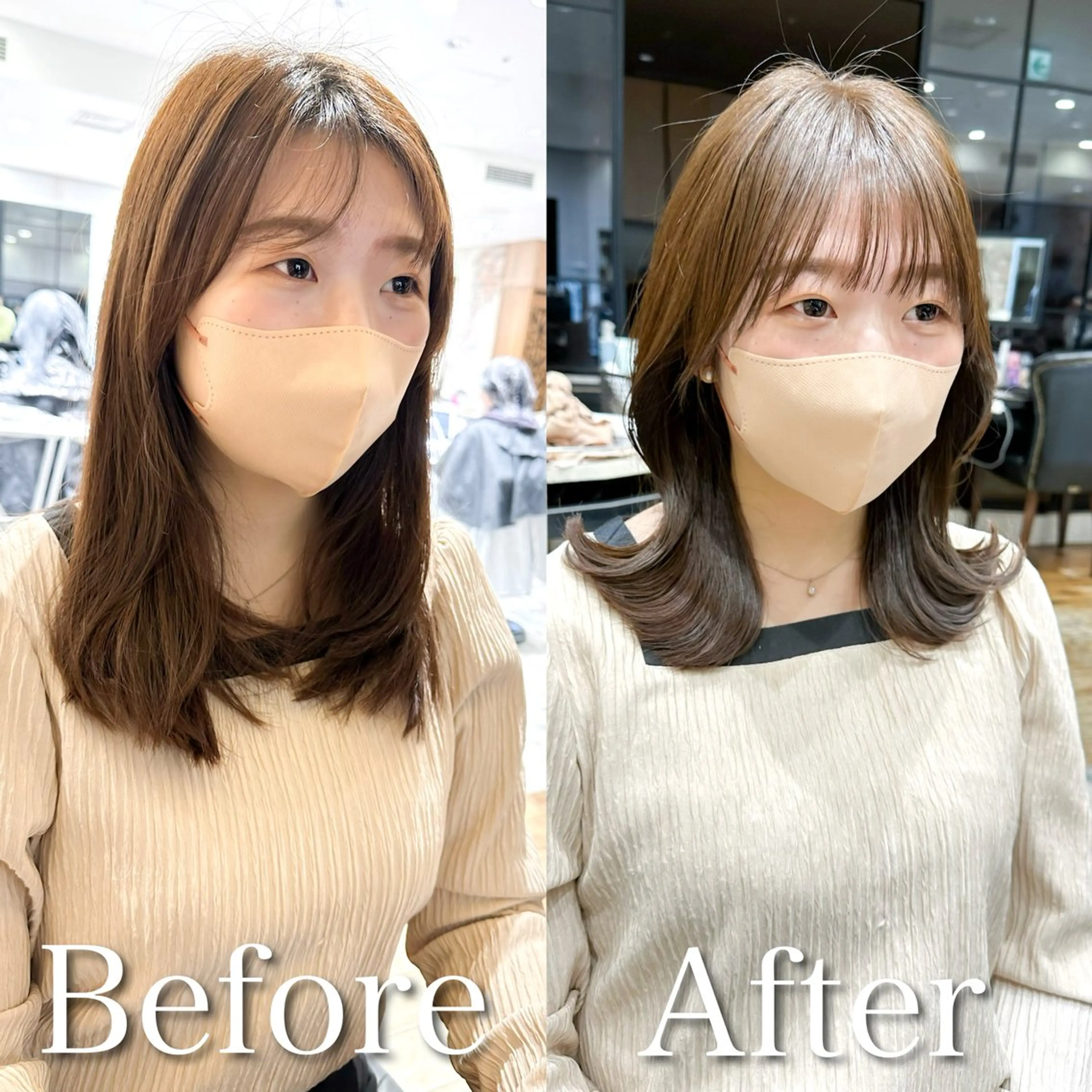 セミロング カラー ベージュカラー ブラウンカラー ブラウンベージュ くびれヘア 顔周りカット カット ヘアカラー トリートメント 顔周り/くびれヘア 韓国ヘア💕風間るなのヘアスタイル