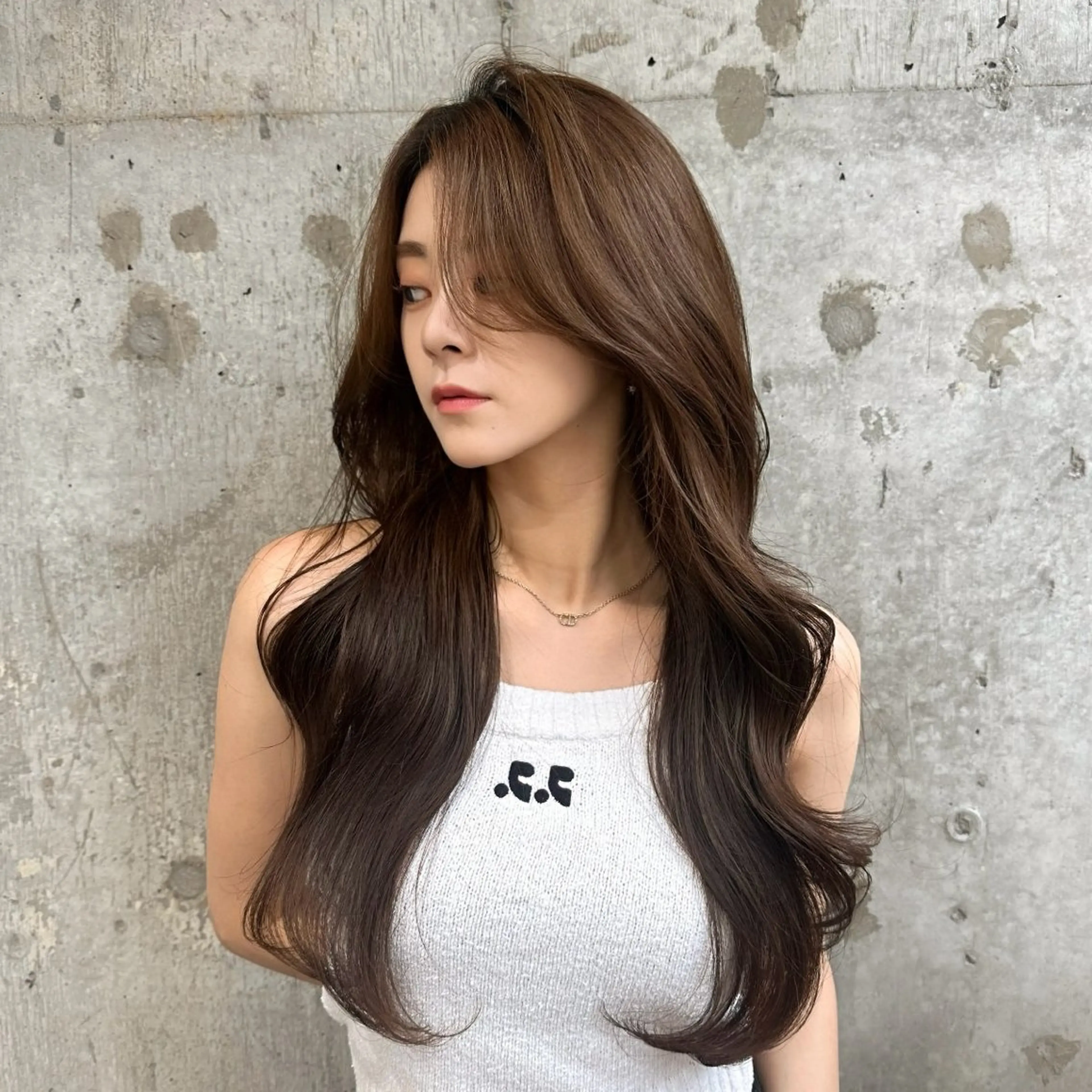 ロング カラー グレージュ カット 縮毛矯正 トリートメント 髪質改善/韓国ヘア レイヤー/新宿/ロミのヘアスタイル