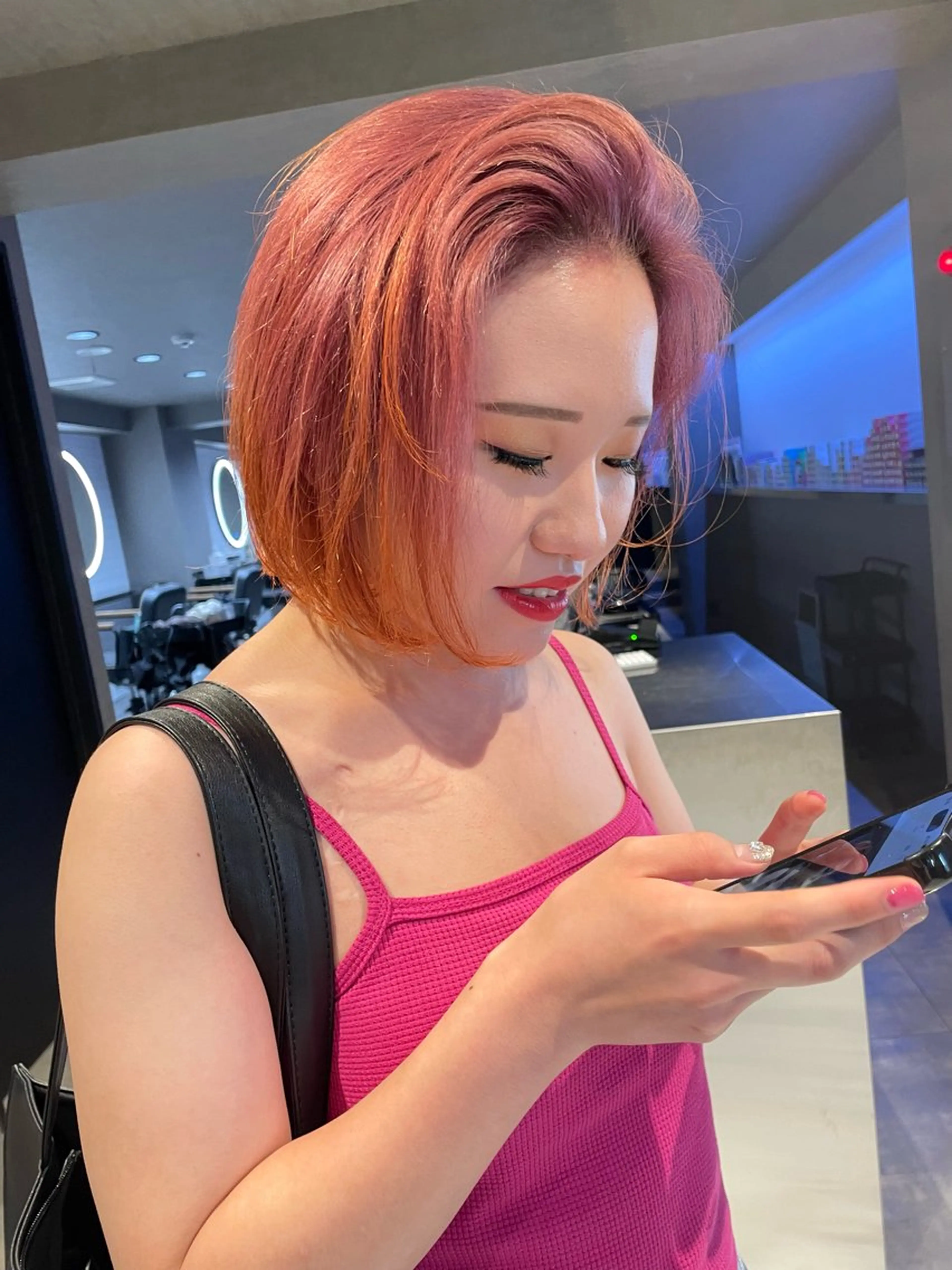 ショート カラー グラデーションカラー オレンジ ピンクカラー ヘアカラー トリートメント パーマ、ストパー モデル募集、ちはるのヘアスタイル