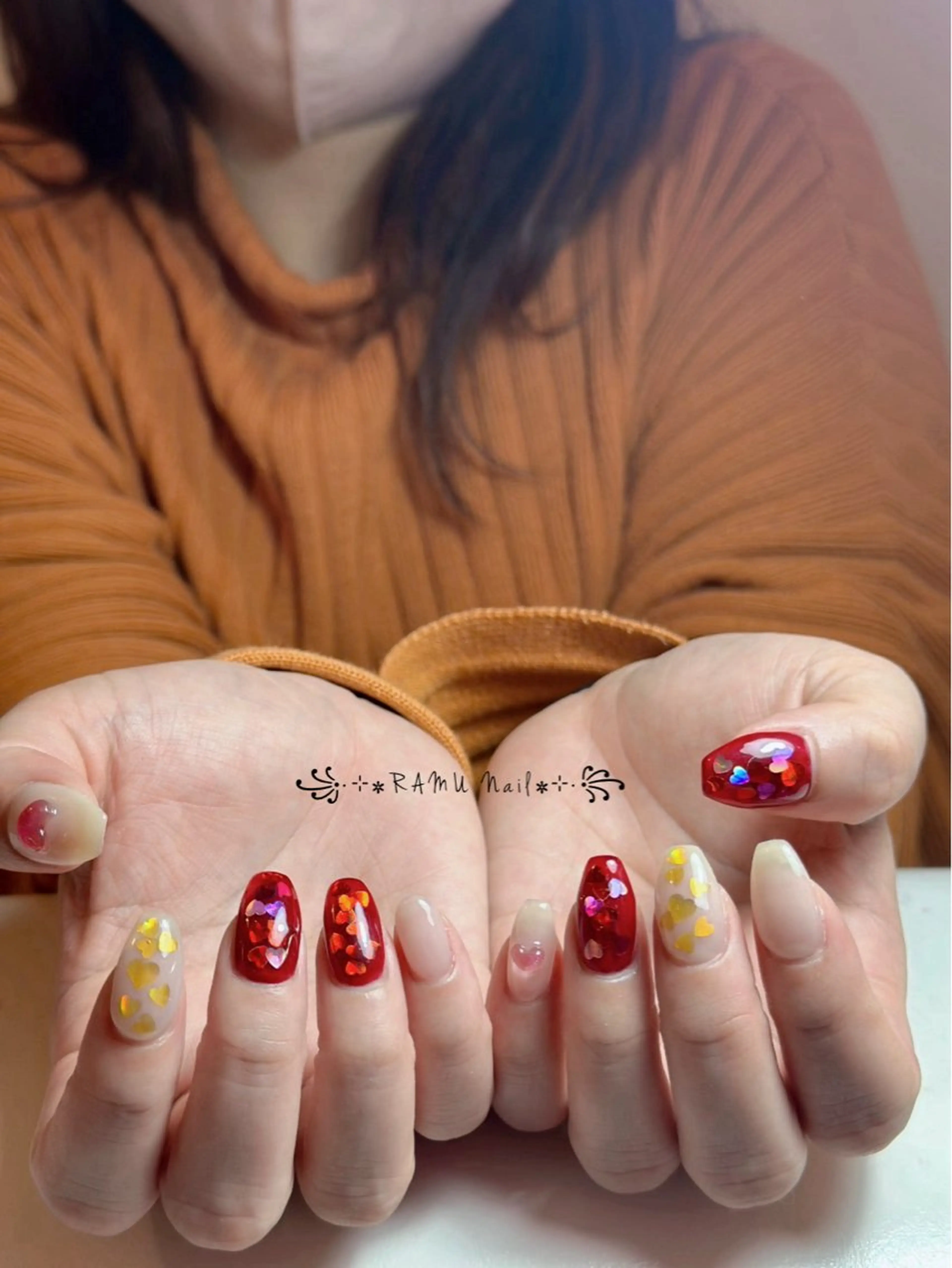 ネイル キラキラネイル 韓国ネイル バレンタイン ワンホンネイル RAMU Nail 恵比寿店のネイルデザイン