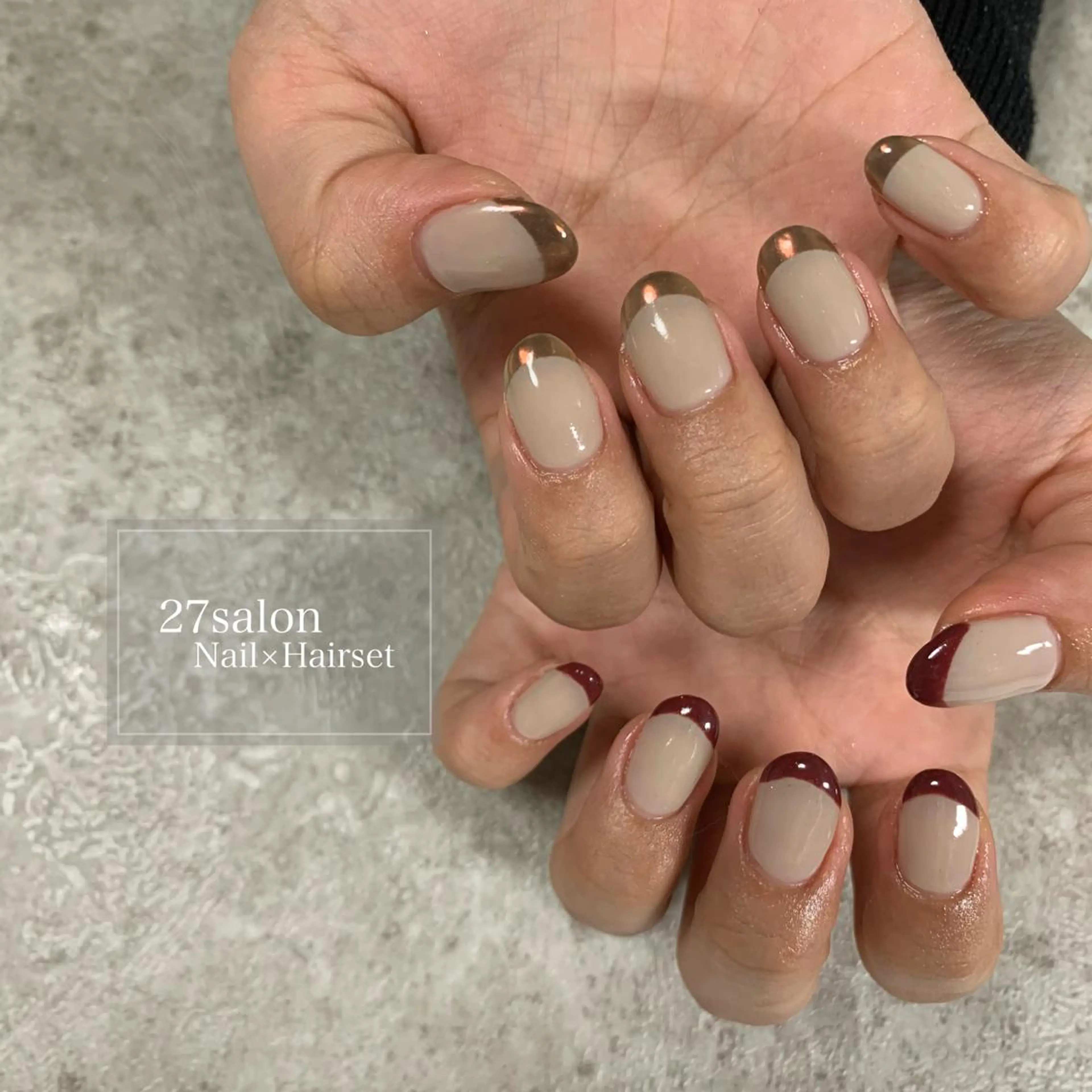 ネイル ボルドー ブラウン フレンチネイル ミラーネイル 27salon yuinaのネイルデザイン