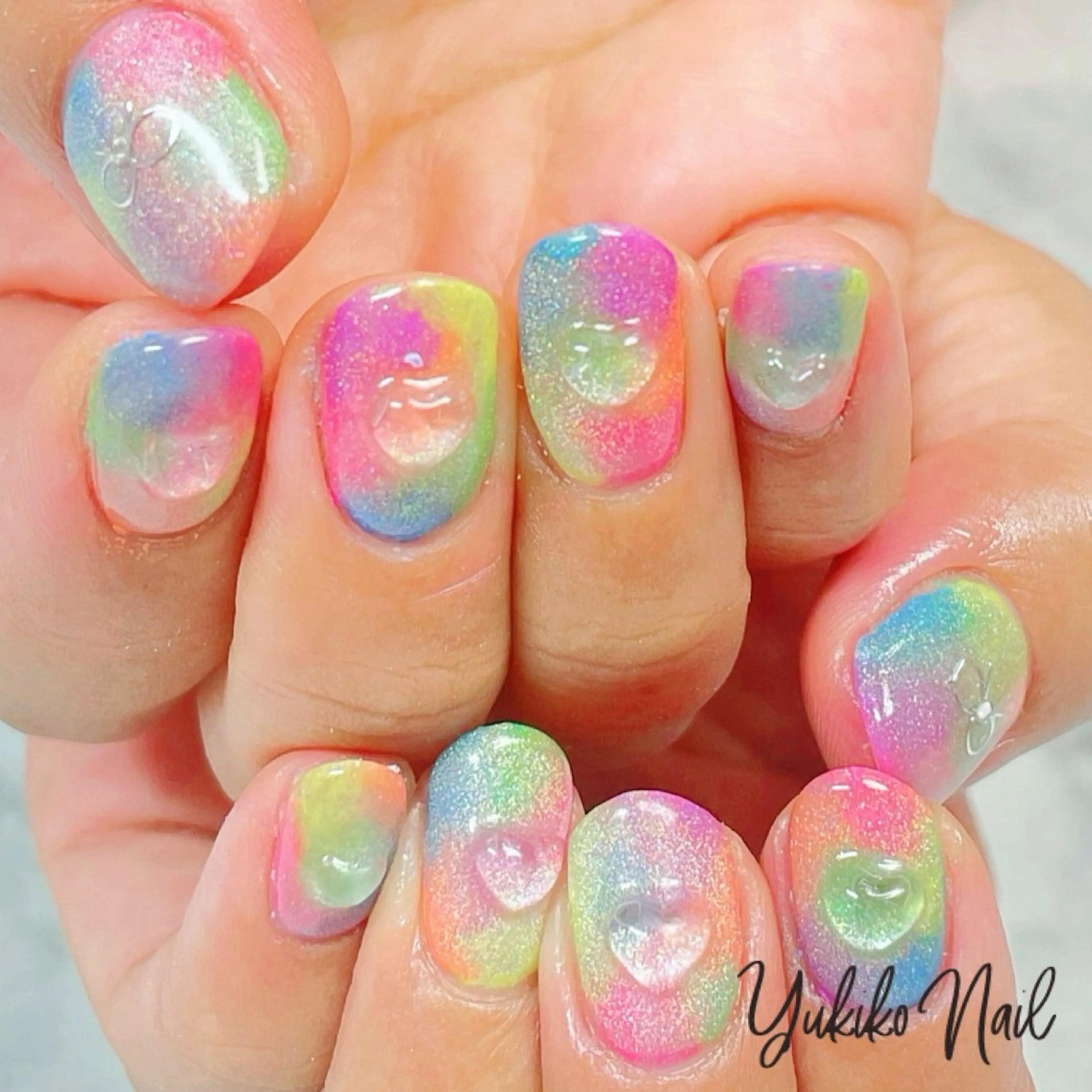 ネイル クリアネイル ハート マグネットネイル 持ち込み リボン ハンドネイル ユキコ ネイルのネイルデザイン