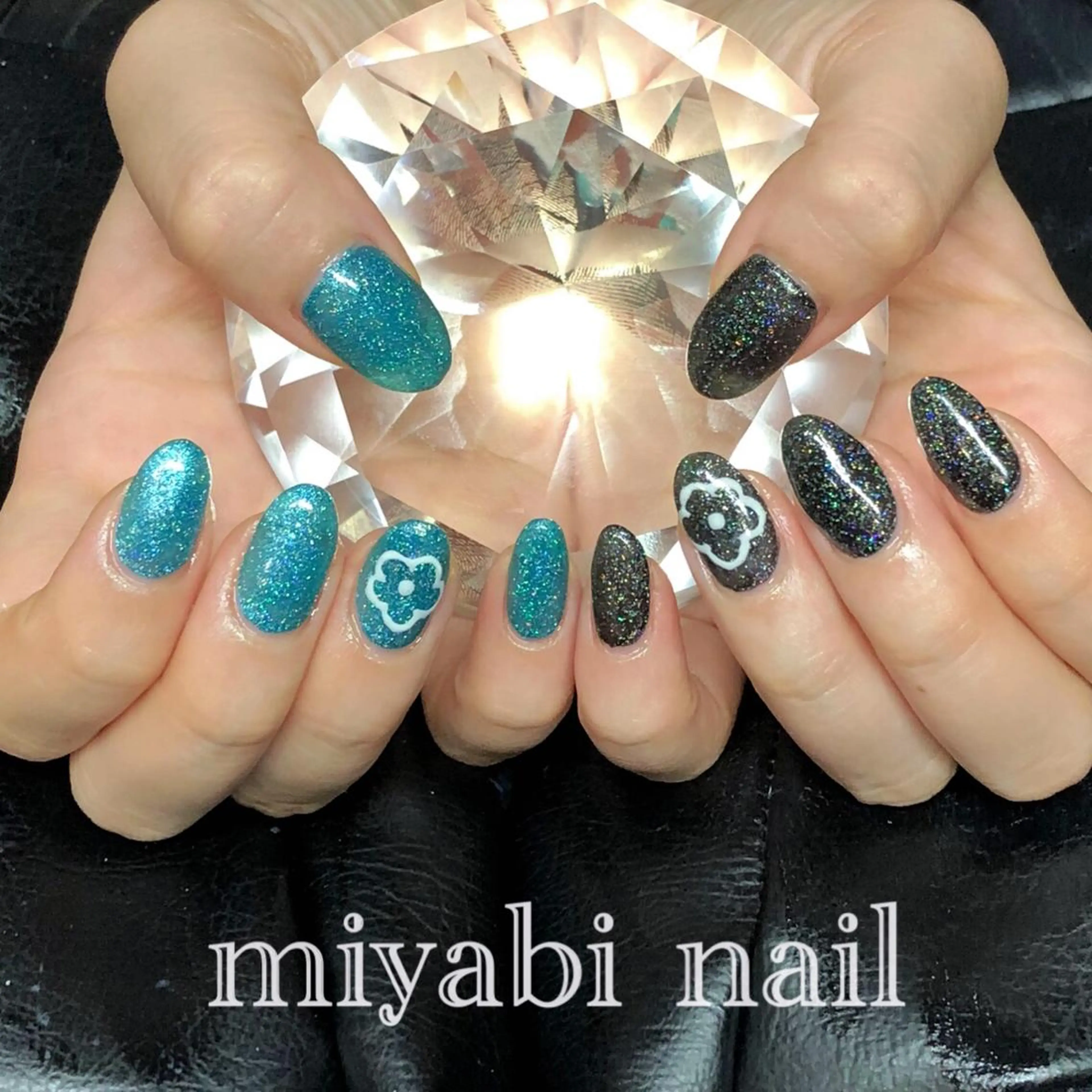 ネイル アートネイル ブルー フラワーネイル ジェルネイル ラメ(グリッター) ハンドネイル miyabi nail 桂川駅近くのネイルデザイン