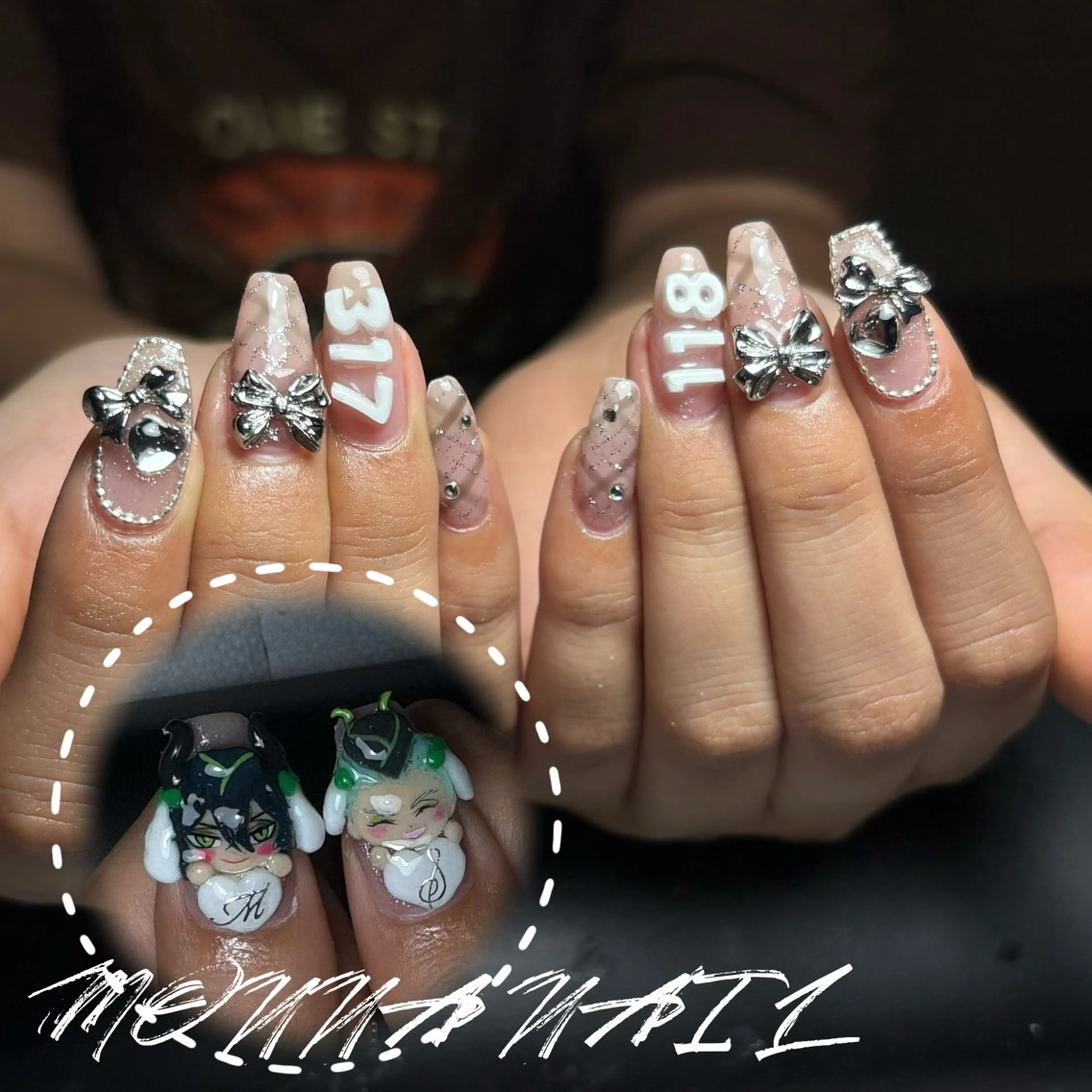 ネイル ラメ(グリッター) ロングネイル 持ち込み リボン スクエアネイル ハンドネイル モンナ CCのネイルデザイン