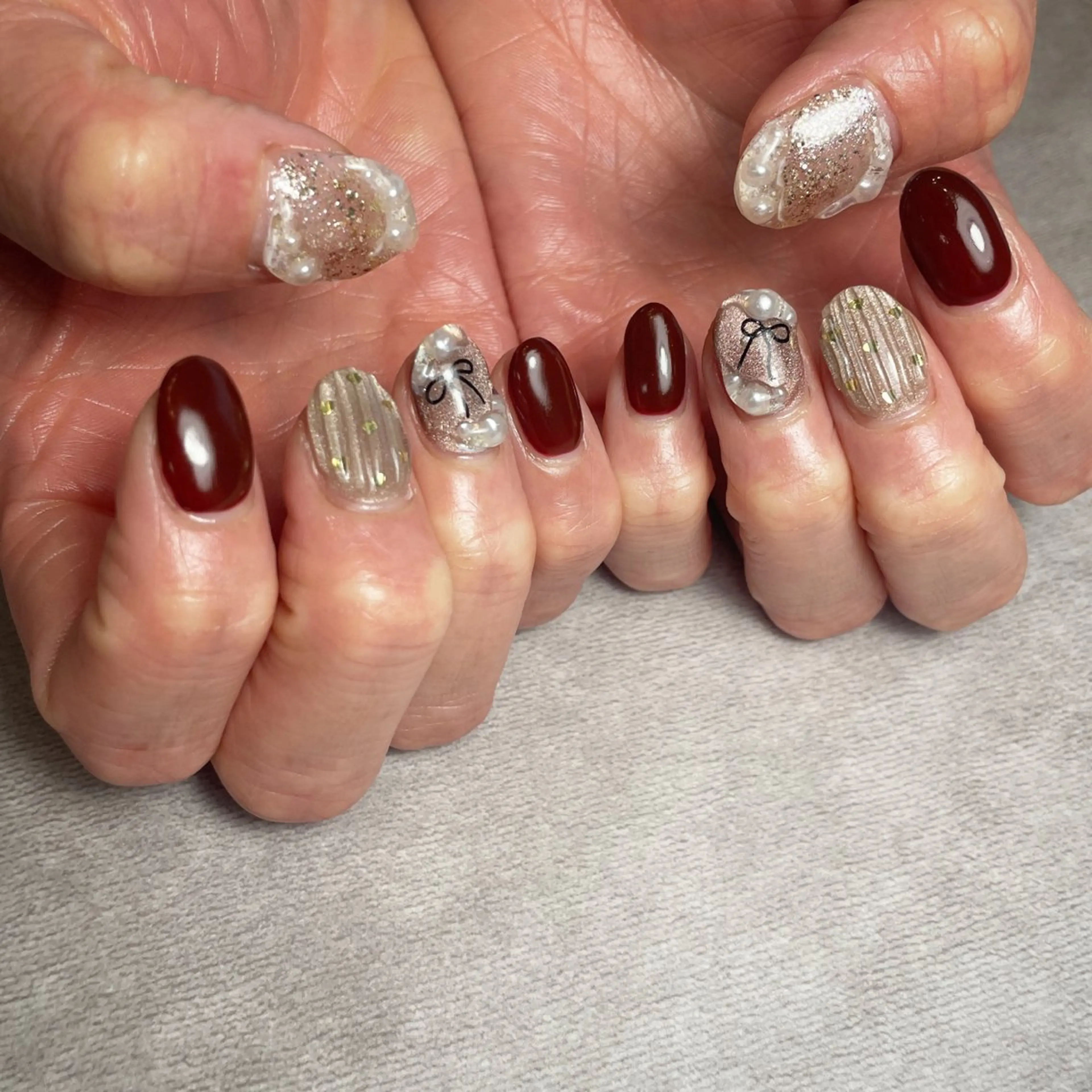 ネイル ボルドー キラキラネイル マグネットネイル ピンク ハンドネイル K Harukaのネイルデザイン
