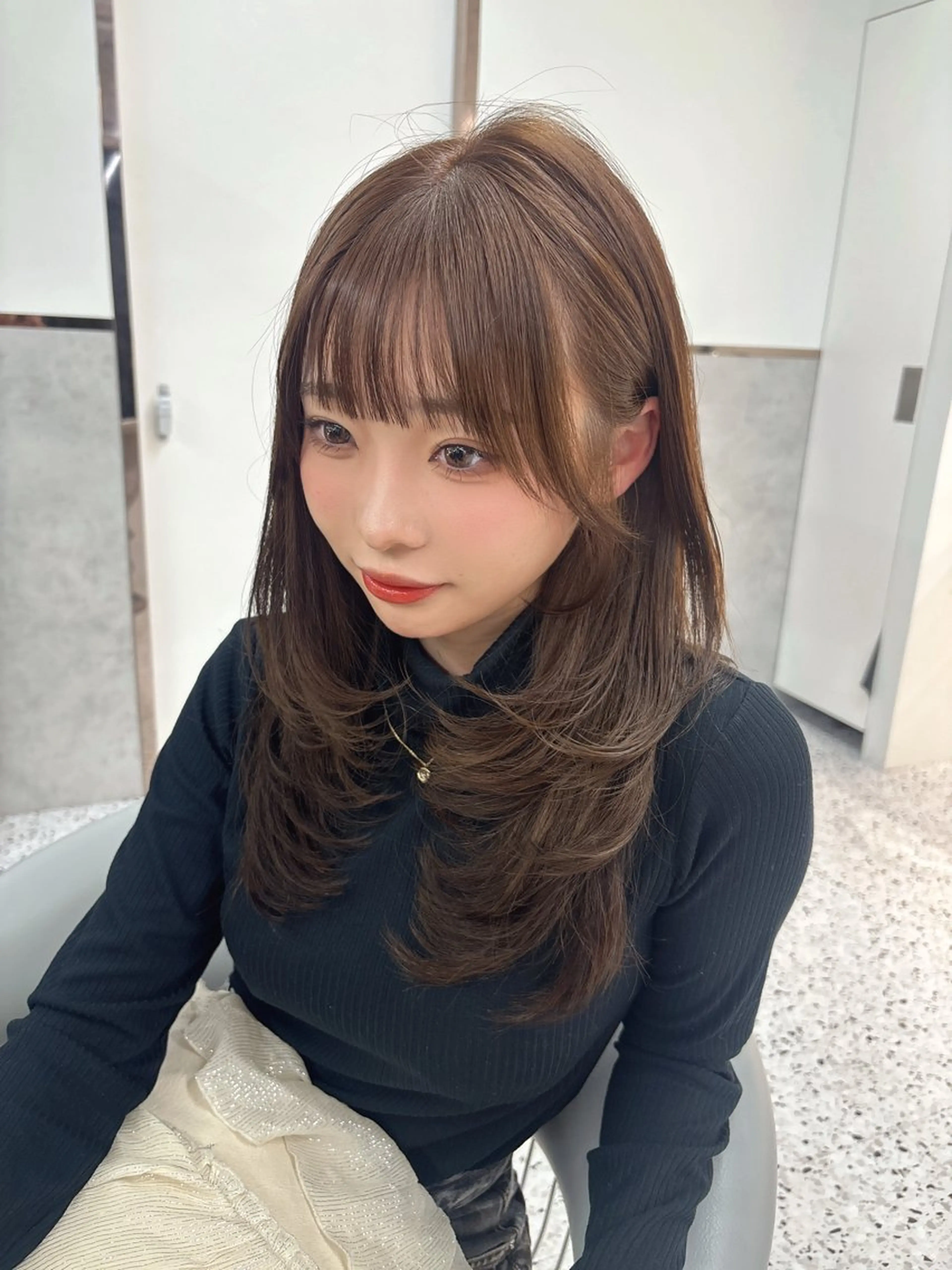 ミディアム カラー ブリーチ ボブ 韓国風ヘア レイヤーカット トリートメント ヘアカラー トリートメント rina／ベージュ ワンホン/韓国ヘアのヘアスタイル