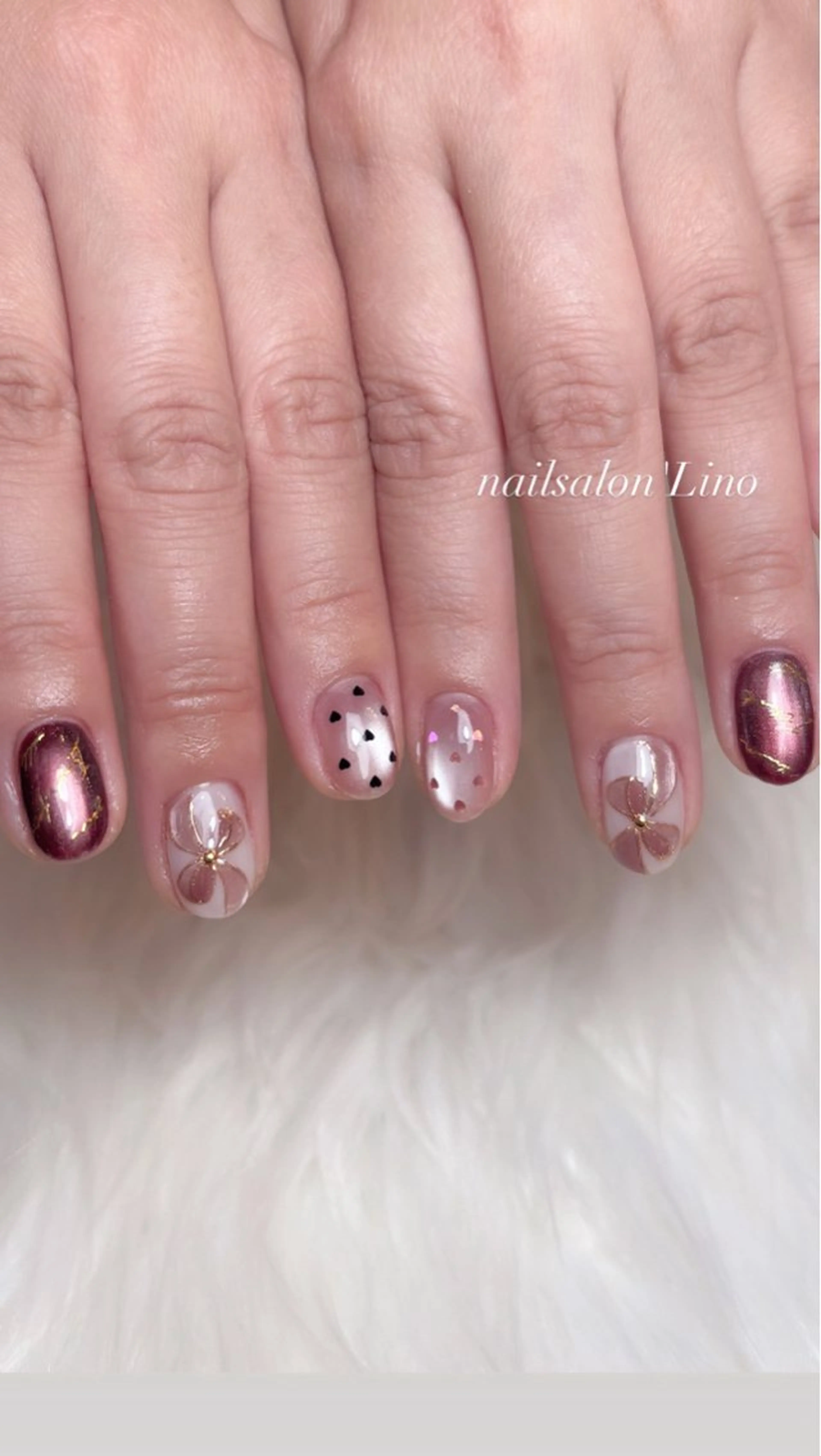 ネイル マグネットネイル リボン バレンタイン ハンドネイル Lino𓂃⟡.· Chizuruのネイルデザイン