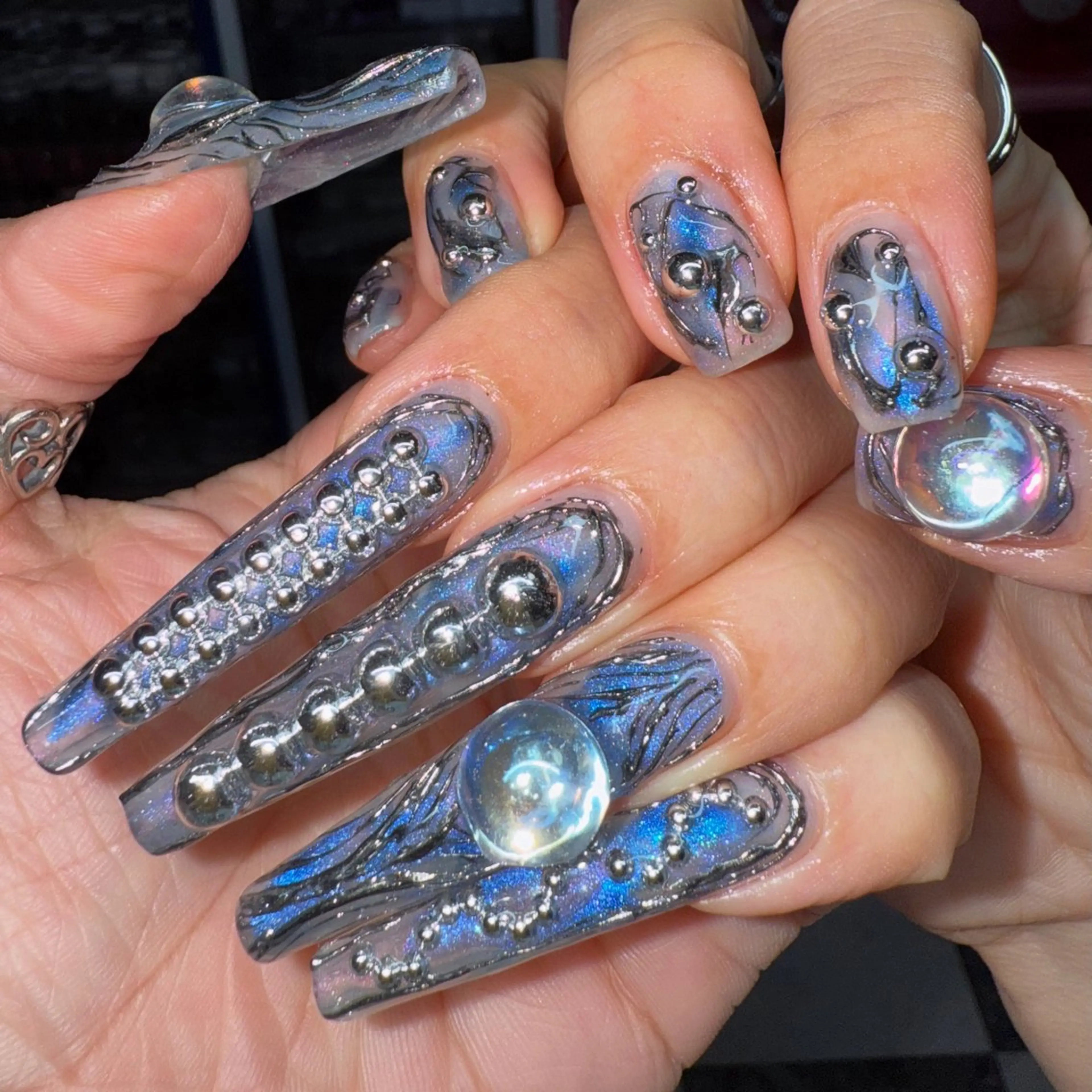 ネイル ブルー 長さ出し ロングネイル ニュアンスネイル シンプルネイル ハンドネイル posa nail モエミのネイルデザイン