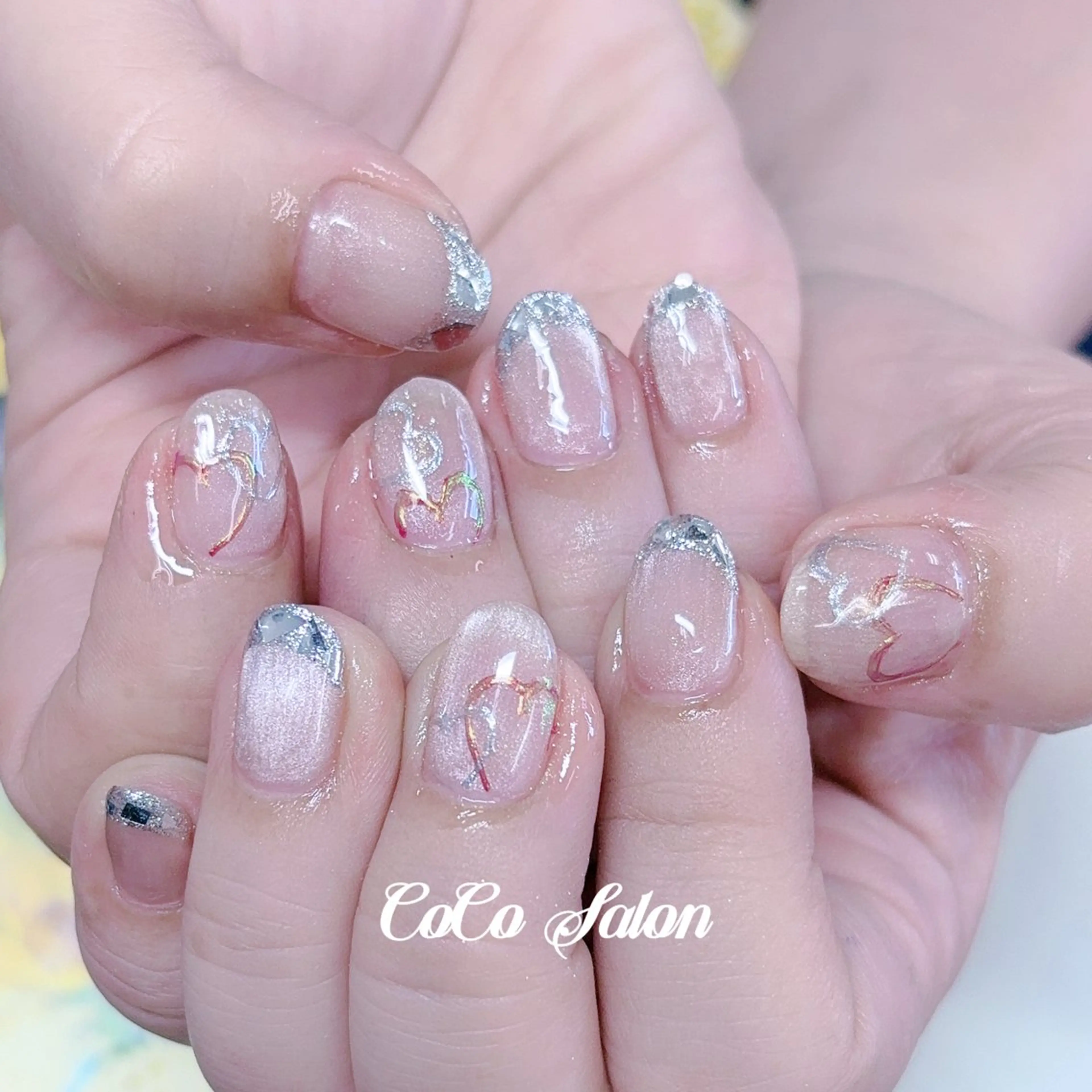 ネイル アートネイル フレンチネイル ジェルネイル ガラスフレンチ ハート ハンドネイル CoCoSalon ネイル/まつ毛予約のネイルデザイン