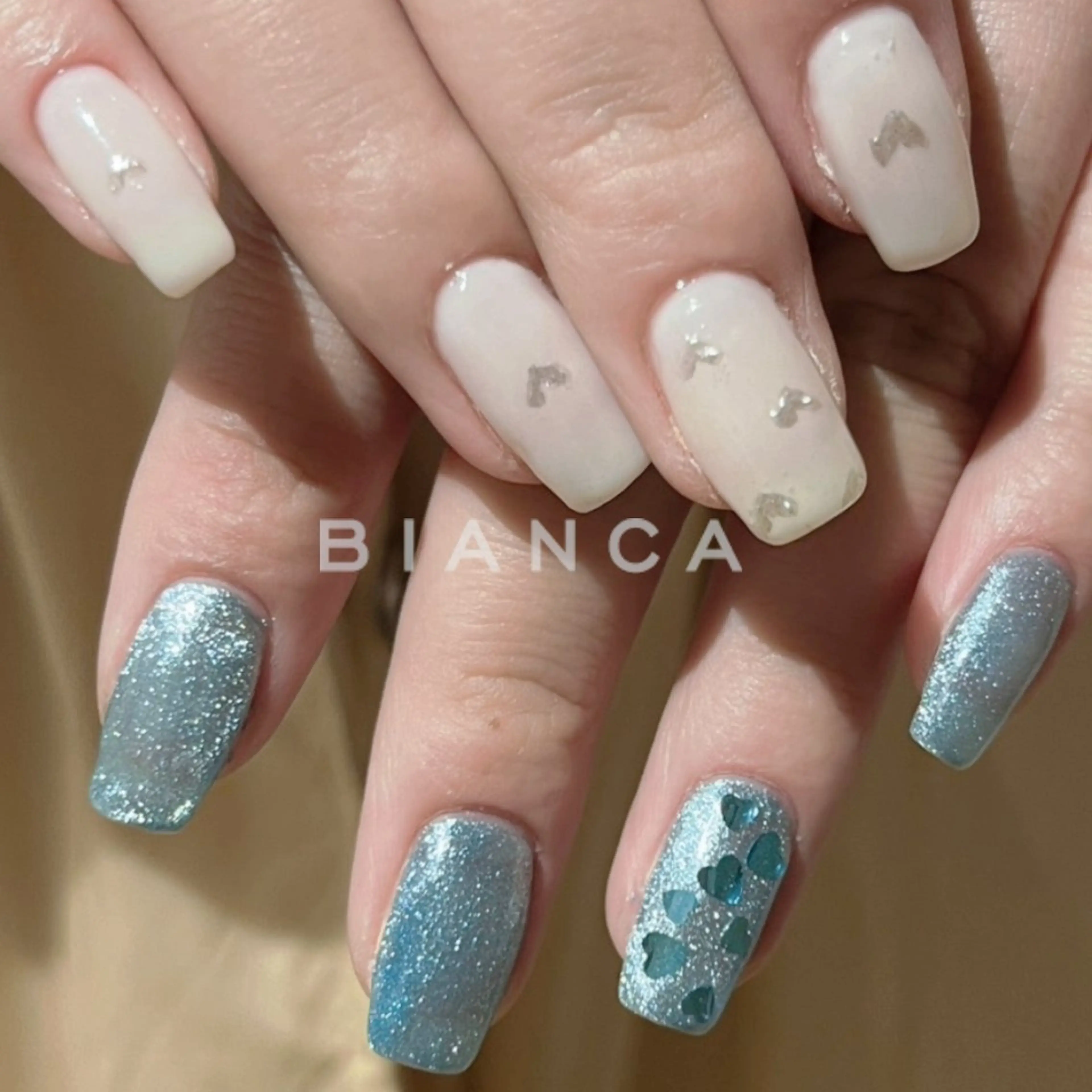 ネイル ハート 水色 マグネットネイル 持ち込み 冬ネイル ハンドネイル Bianca名駅店 あゆのネイルデザイン