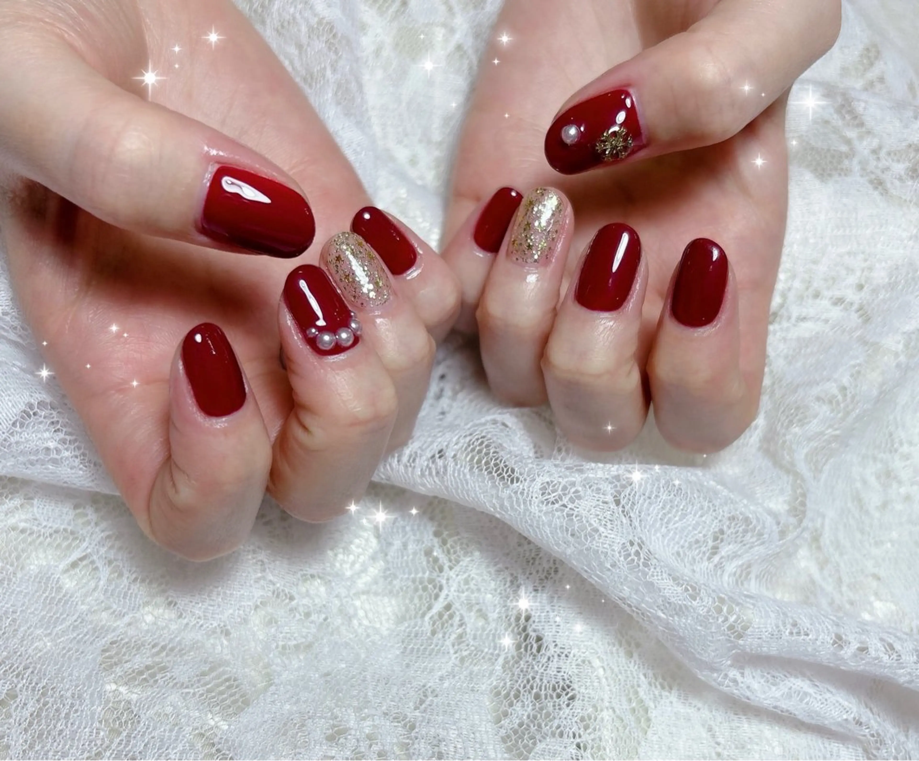 ネイル ボルドー ゴールド ハンドネイル FLARE NAIL フレアネイルのネイルデザイン
