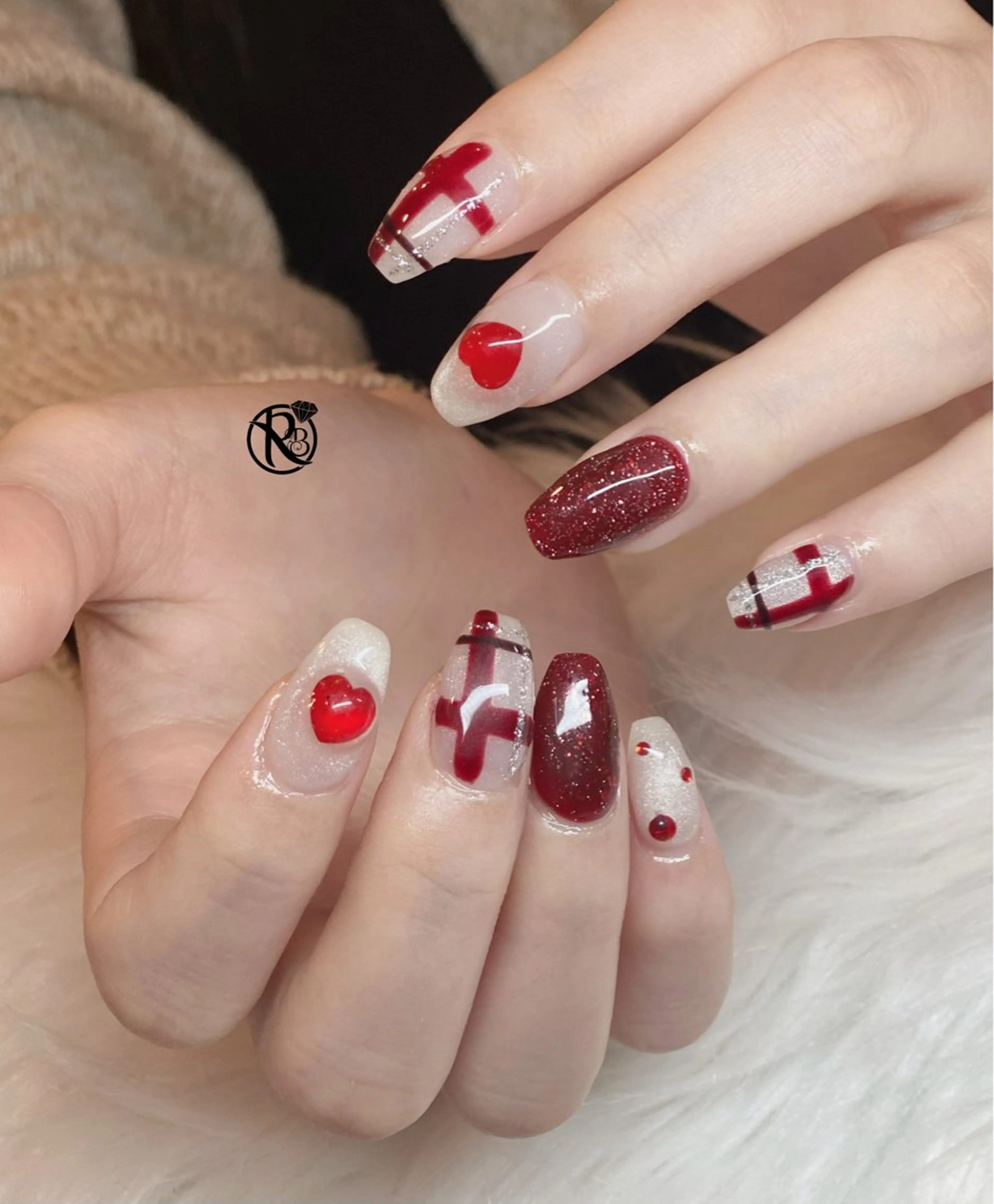 ネイル ボルドー ブラウン チークネイル ドット フットネイル ハンドネイル RUBY Nail 日暮里店のネイルデザイン