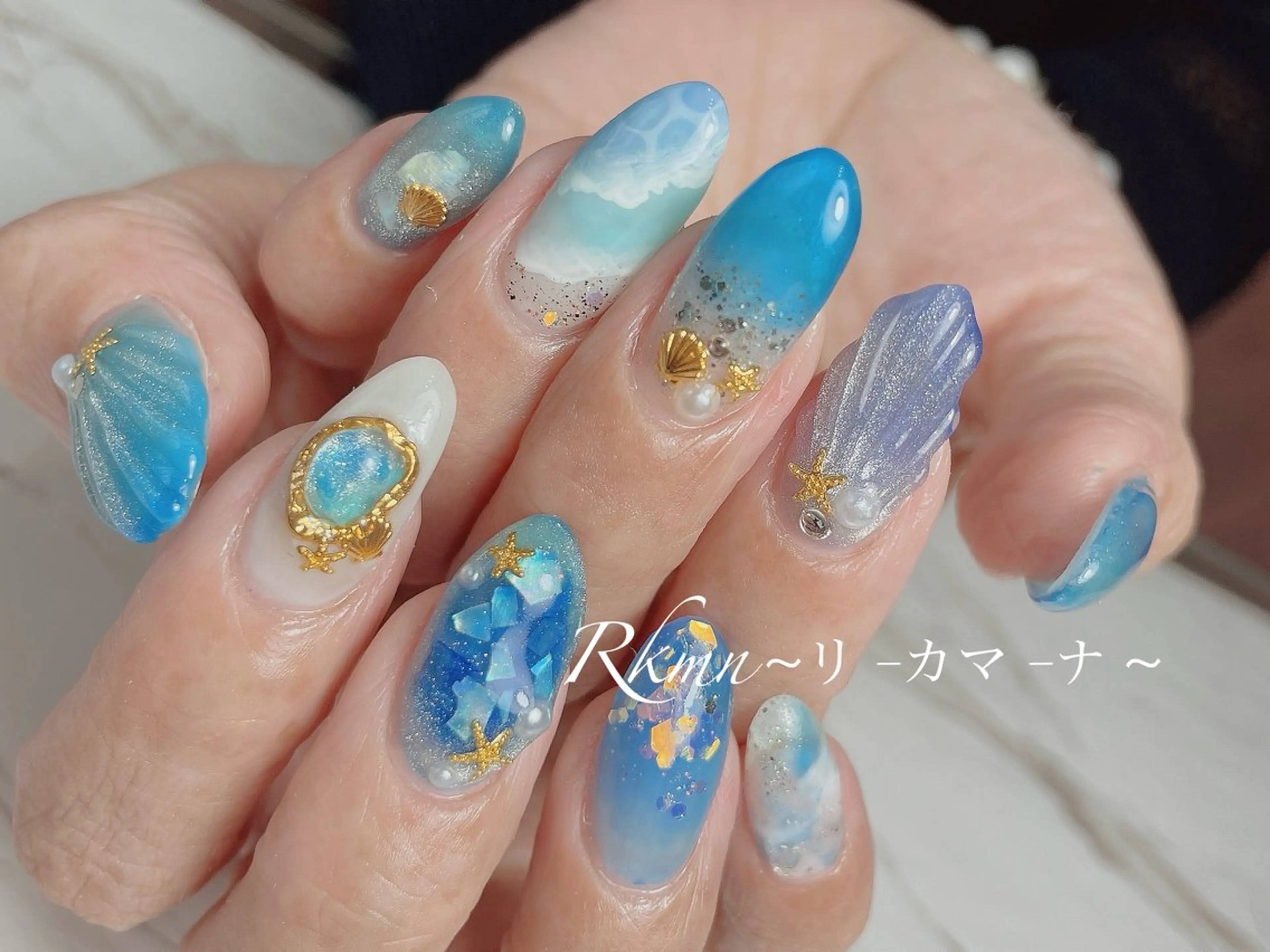 ネイル アートネイル ブルー 春ネイル ハンドネイル フットネイル ハンドケア Rkmn ~リ-カマ-ナ~のネイルデザイン