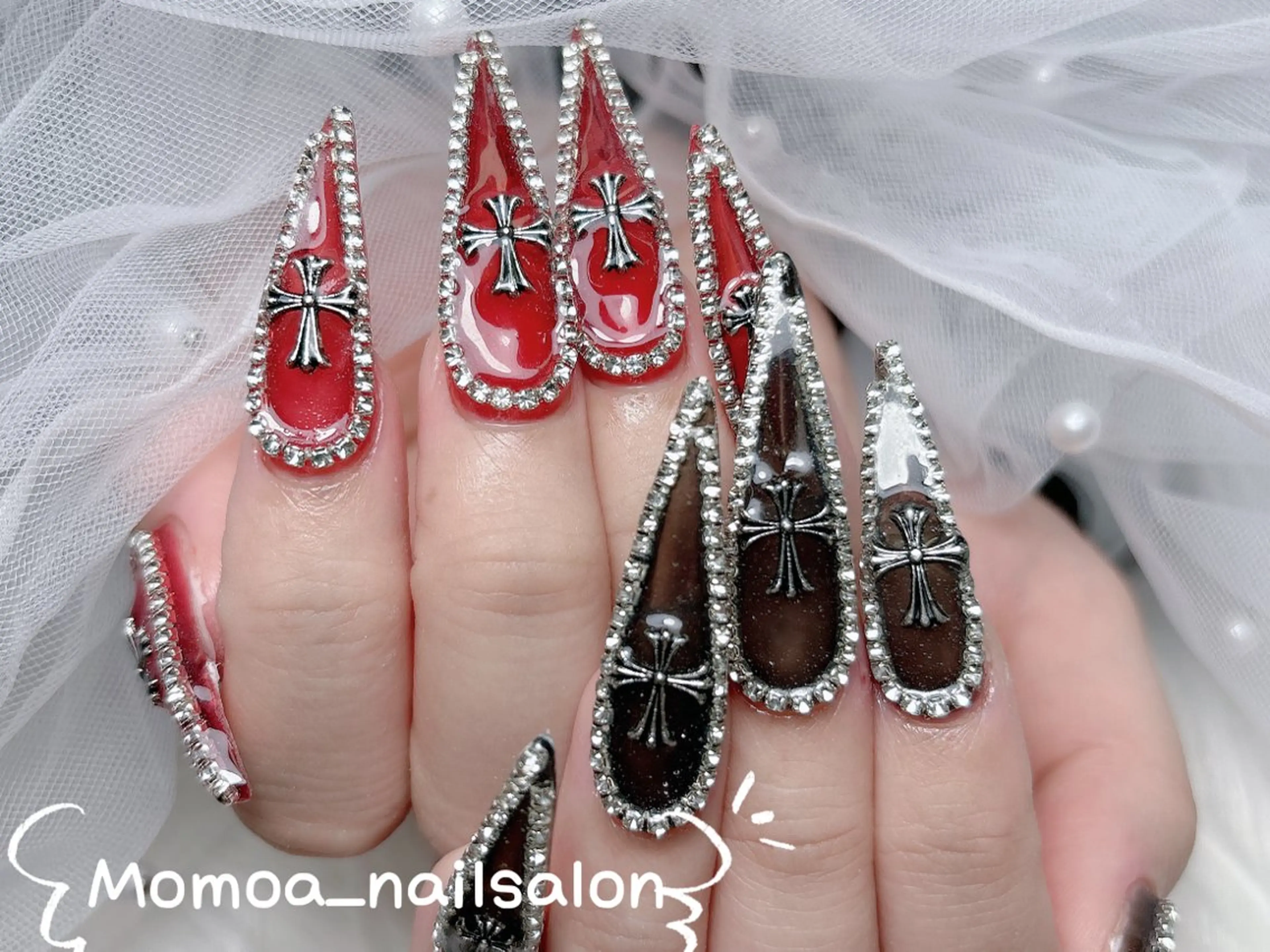 ネイル 成人式 ロングネイル マグネットネイル 大理石ネイル(マーブル) リボン ハンドネイル MoMoA Nail ネイル長さ出し専門店のネイルデザイン