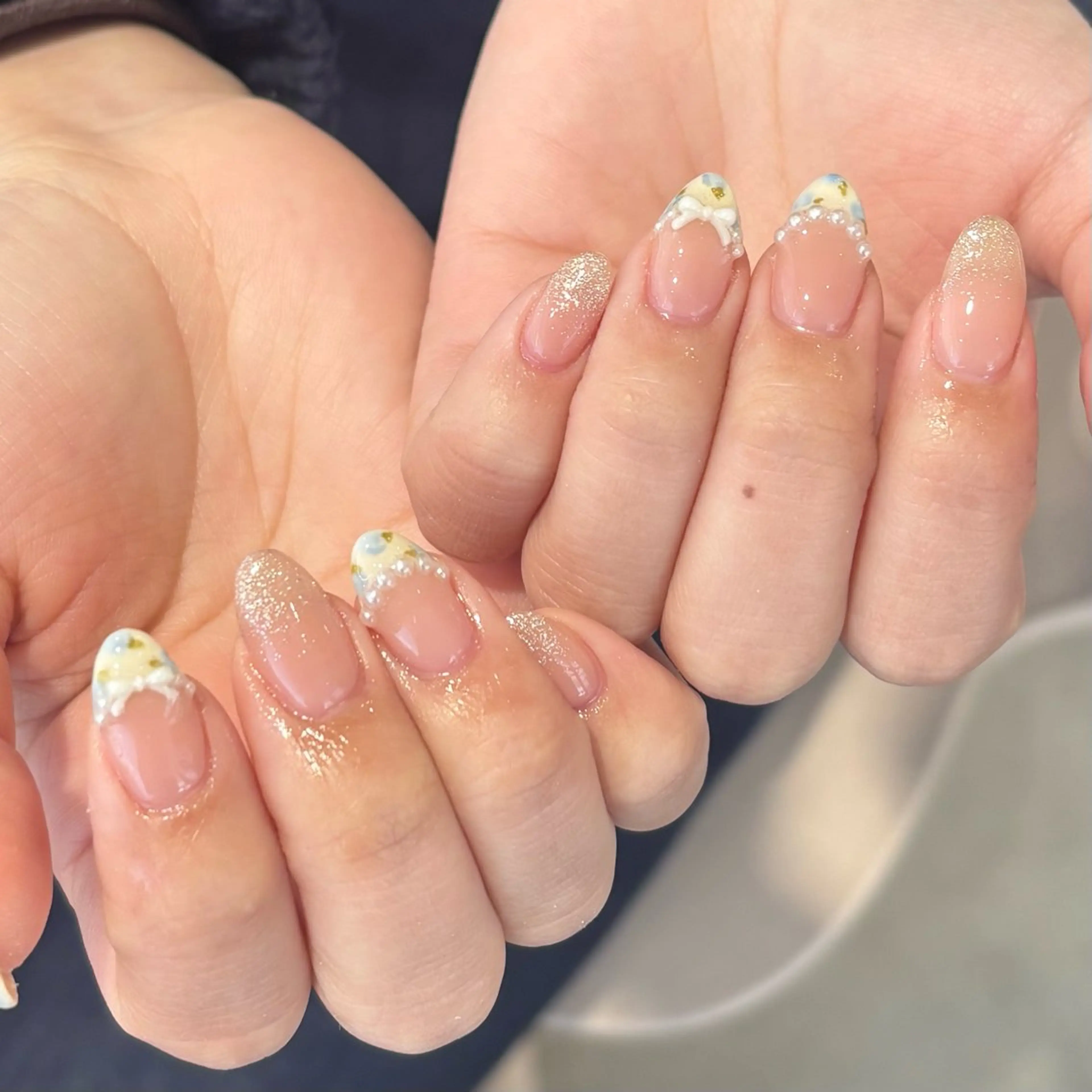 ネイル ブルー フレンチネイル 持ち込み ピンク リボン モデル様募集中♡ Kokomi🍮のネイルデザイン