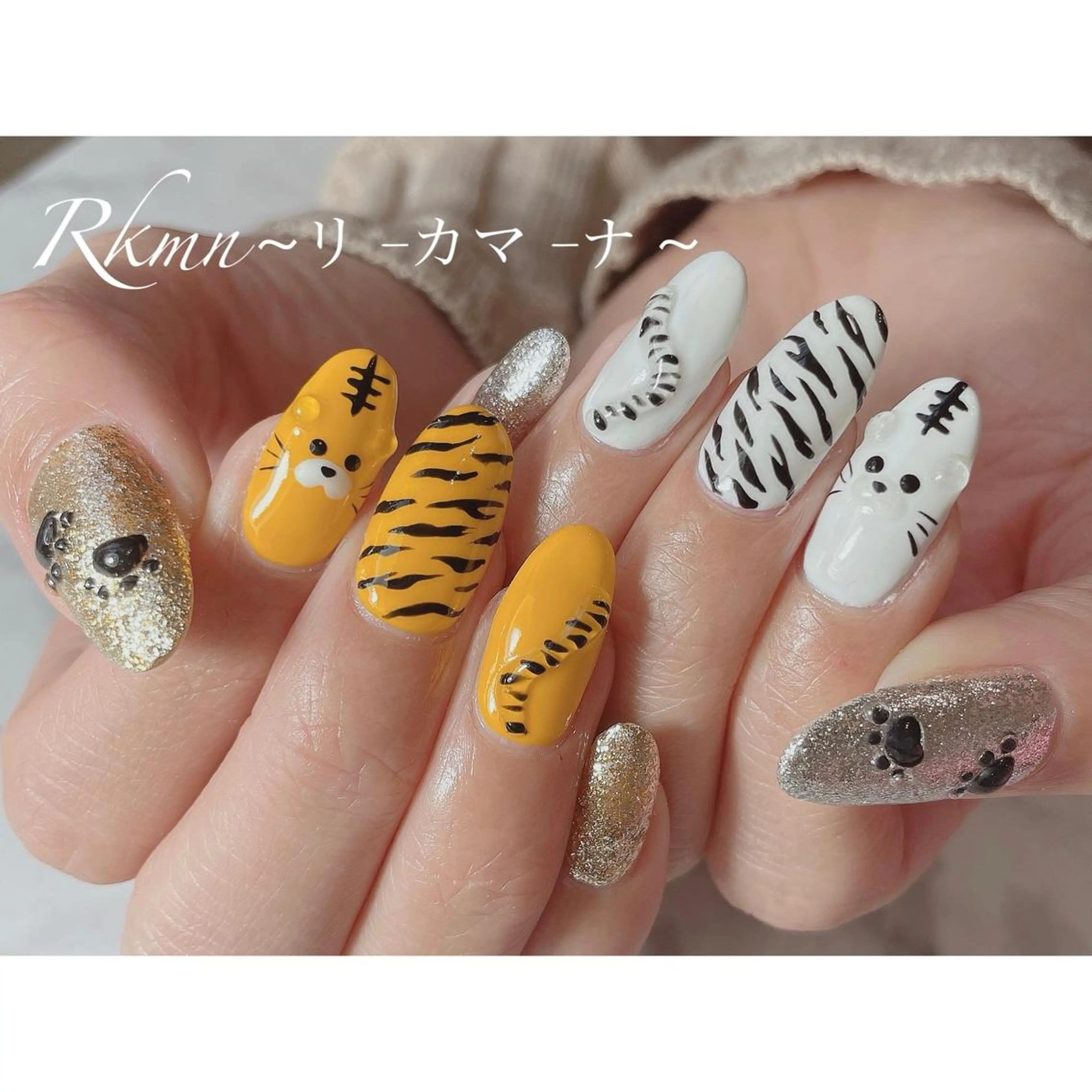 ネイル アニマル柄 アートネイル 春ネイル ホワイト ハンドネイル フットネイル ハンドケア Rkmn ~リ-カマ-ナ~のネイルデザイン