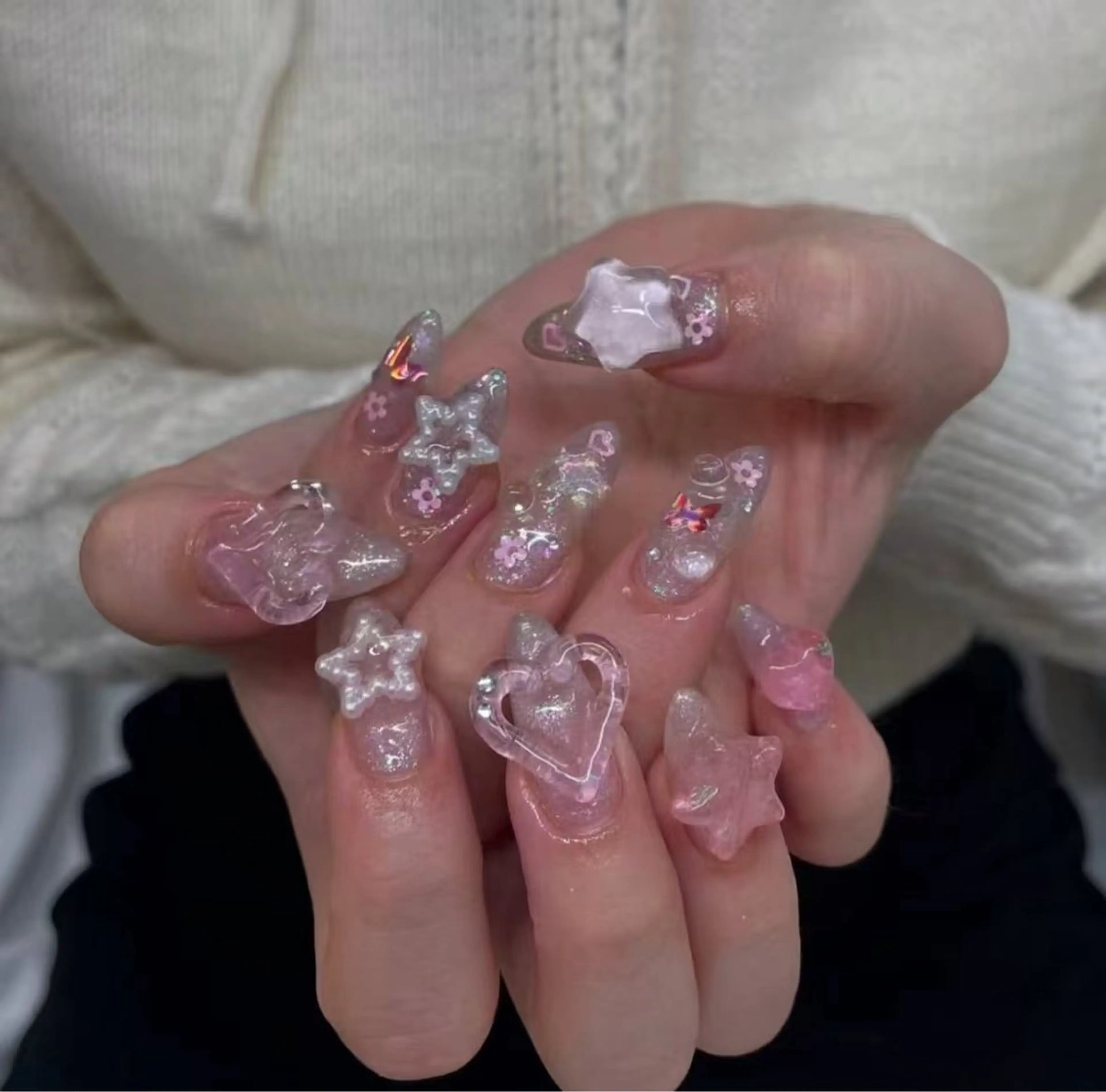 ネイル フラワーネイル フレンチネイル ジェルネイル ガラスフレンチ ハート ハンドネイル BabyYouMi nailのネイルデザイン