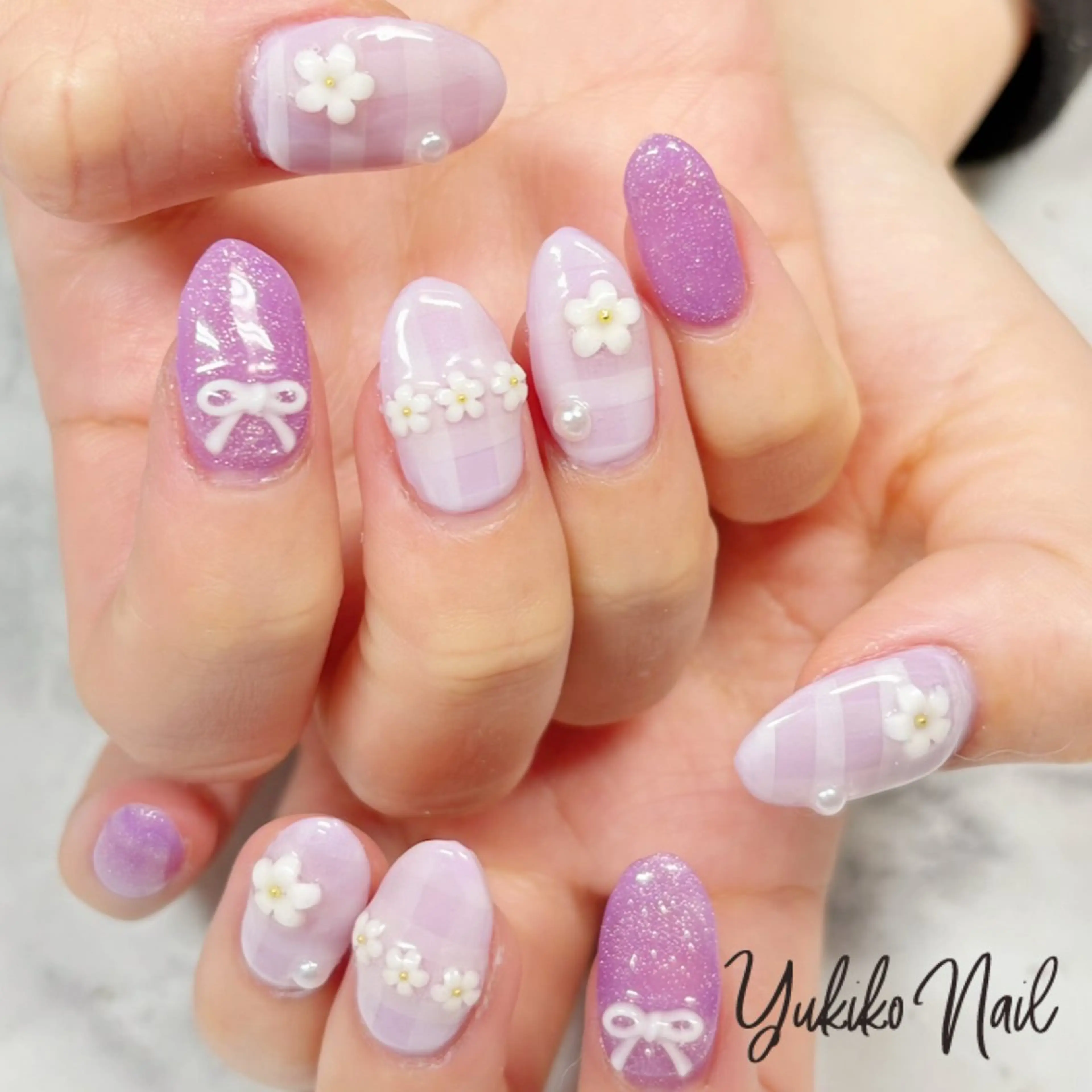 ネイル フラワーネイル パステルネイル パープル リボン 春ネイル ハンドネイル ユキコ ネイルのネイルデザイン