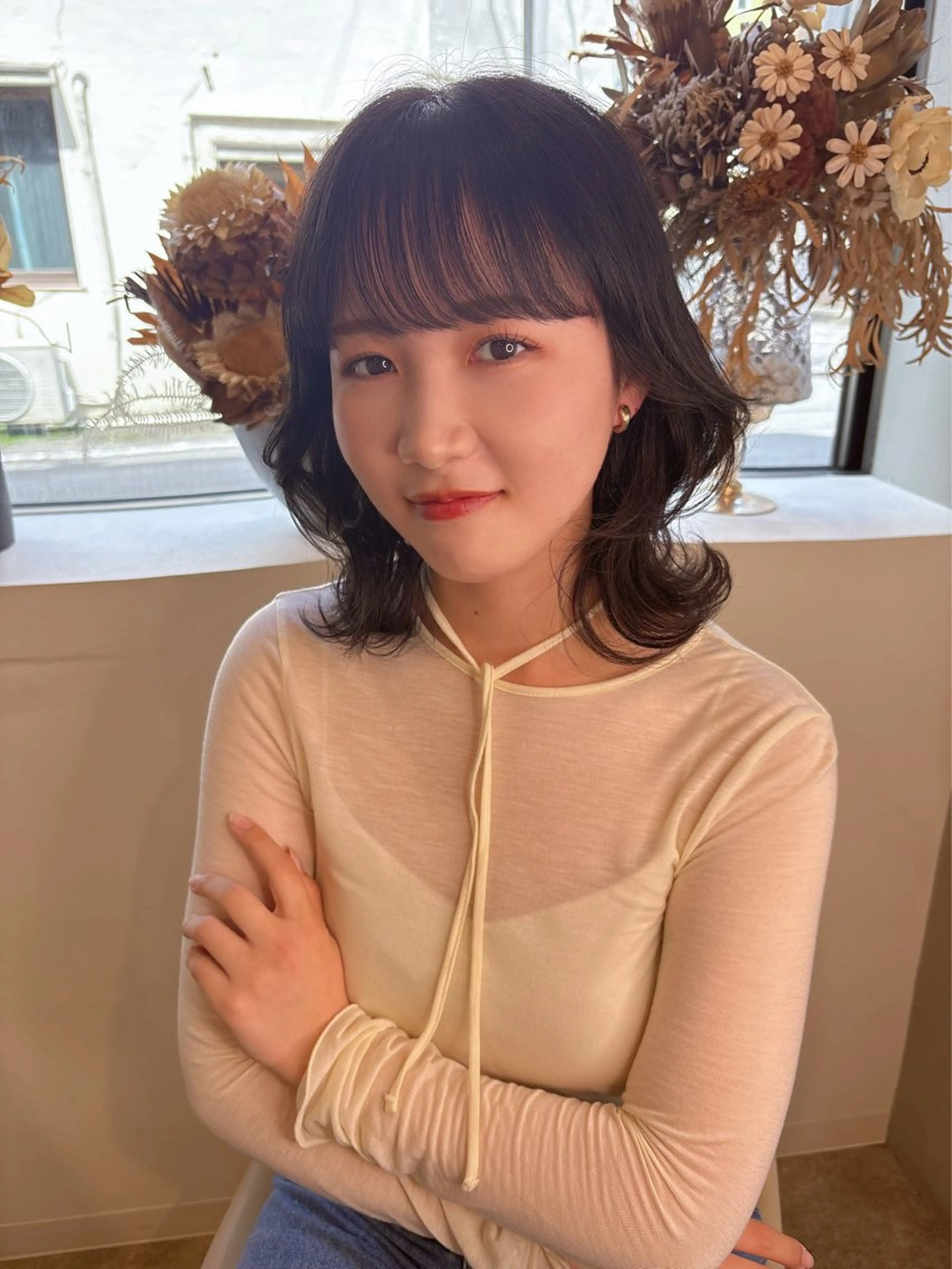 ミディアム くびれヘア 顔周りカット 韓国風ヘア レイヤーカット カット akane/ 縮毛矯正/暖色のヘアスタイル