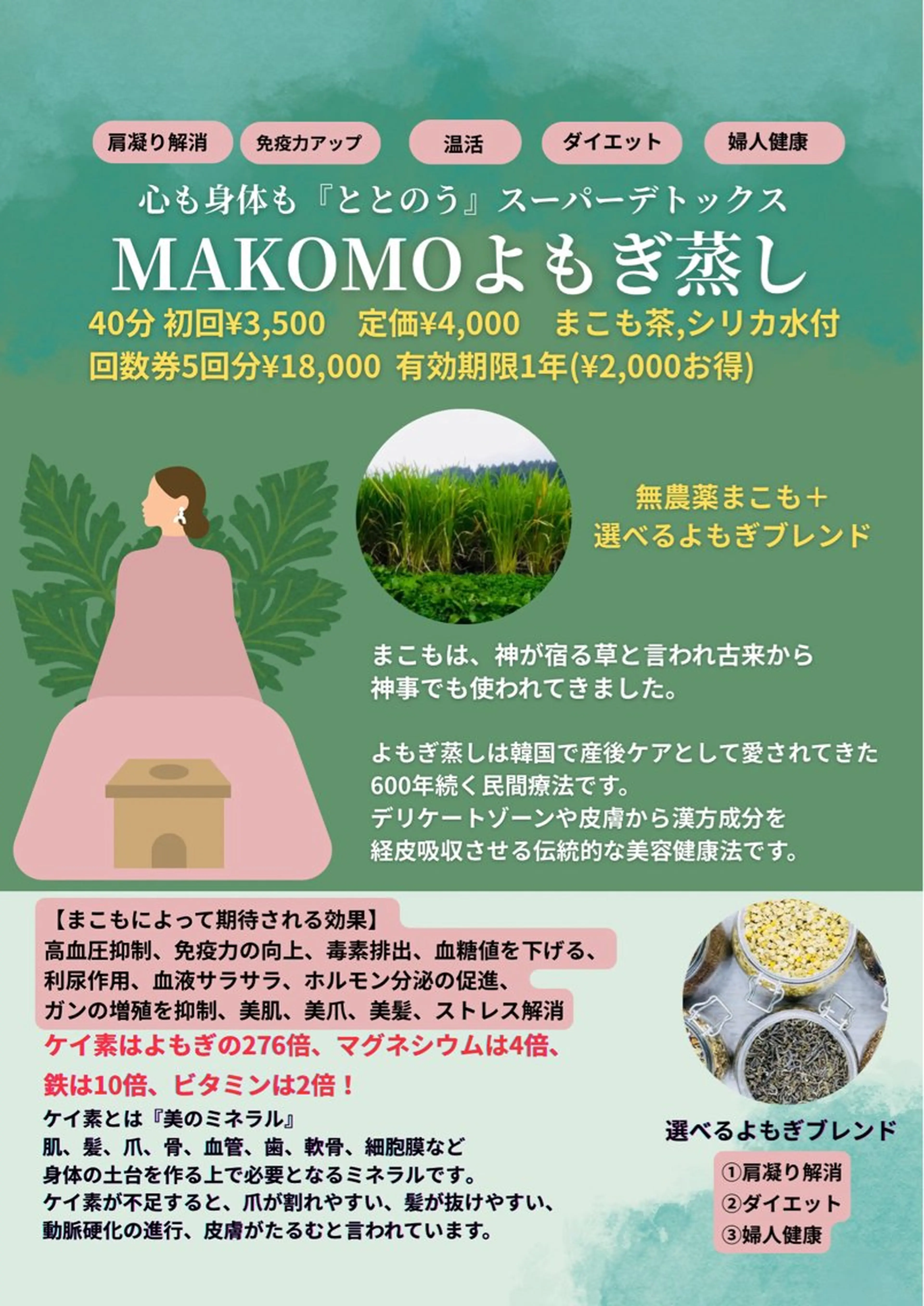 心も身体もととのうスーパーデトックス【MAKOMOよもぎ蒸し】　初回のみ　まこも＋選べるよもぎブレンドの写真