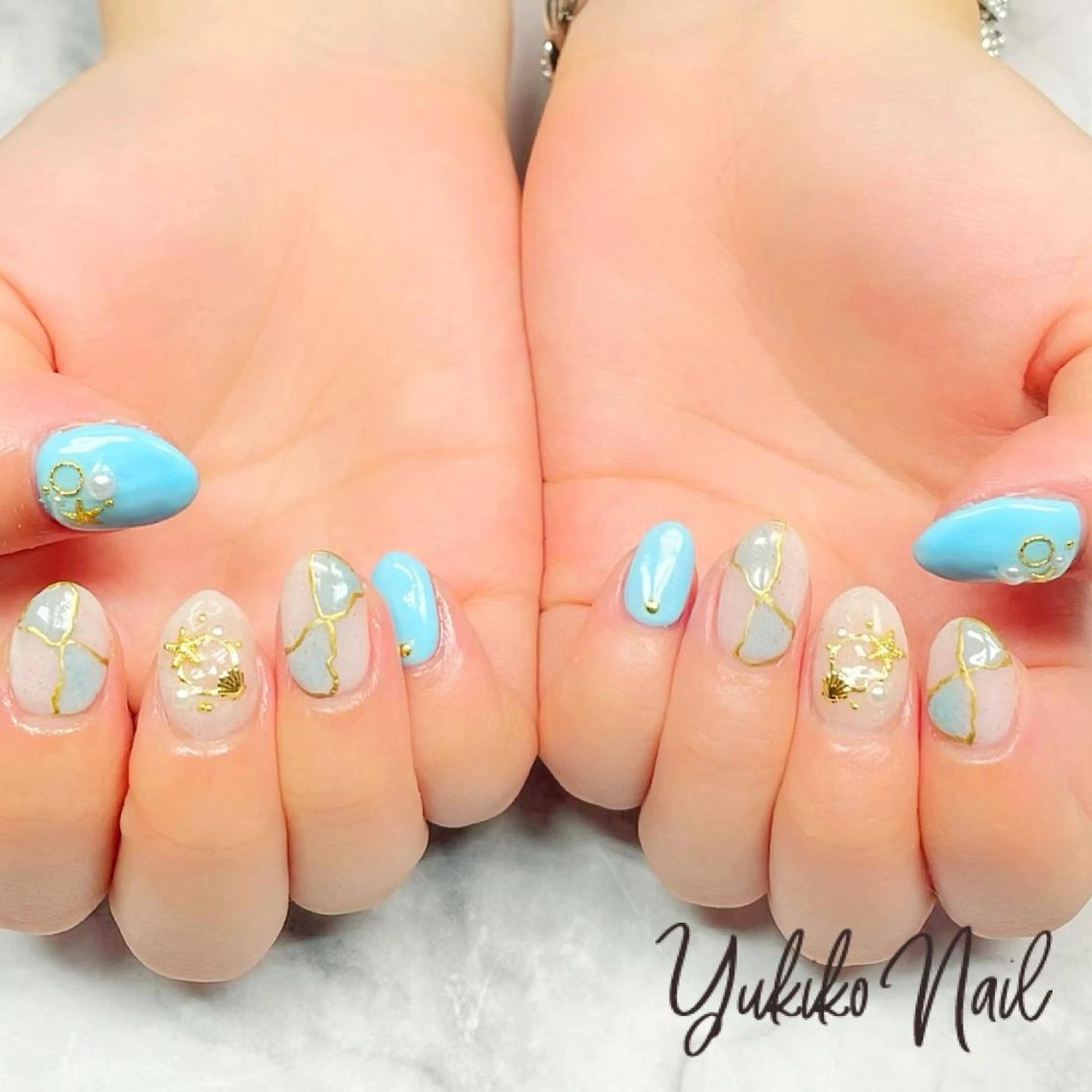 ネイル 水色 ハンドネイル ユキコ ネイルのネイルデザイン