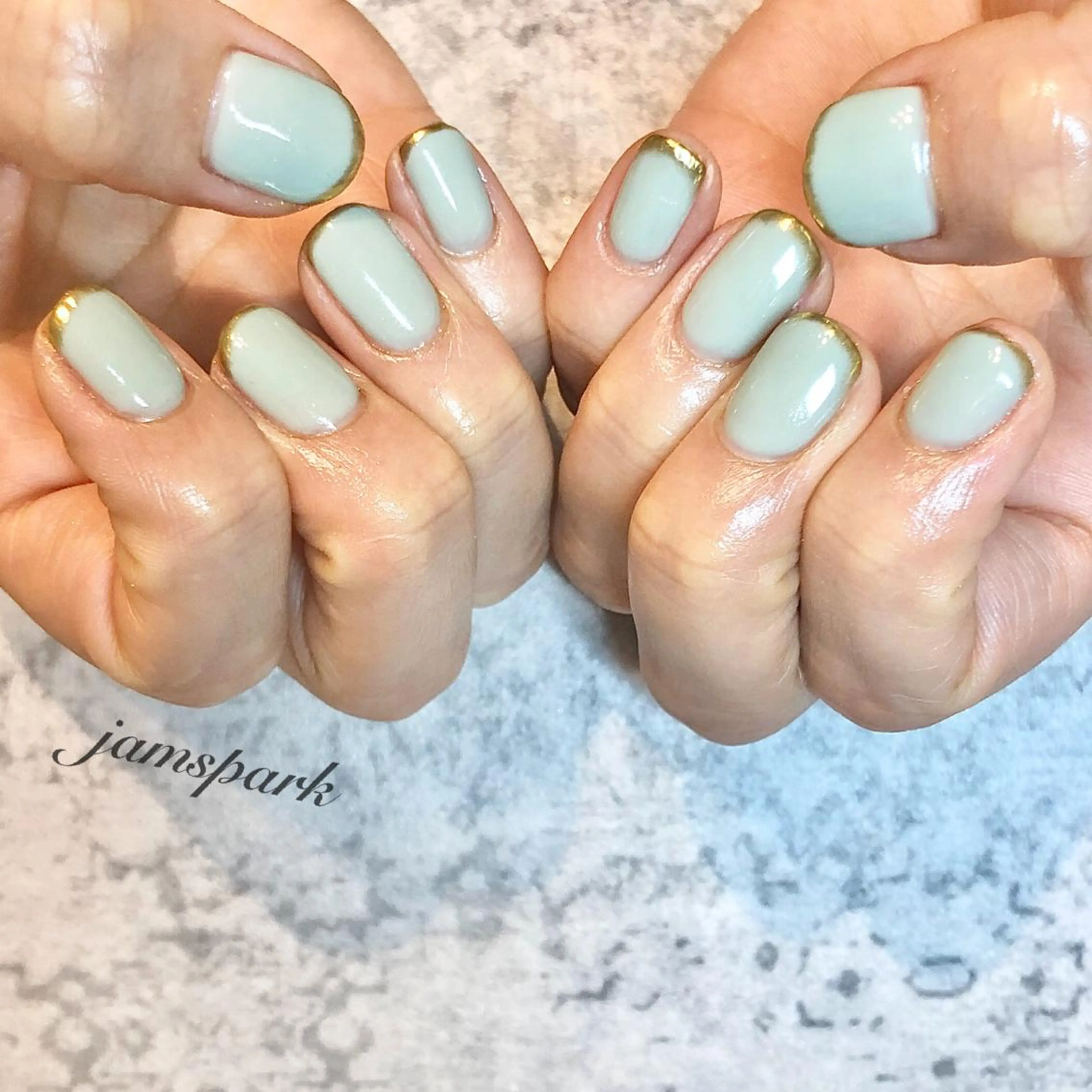 ネイル フレンチネイル ジェルネイル ゴールド グリーン ミラーネイル ハンドネイル jamspark ✨のネイルデザイン