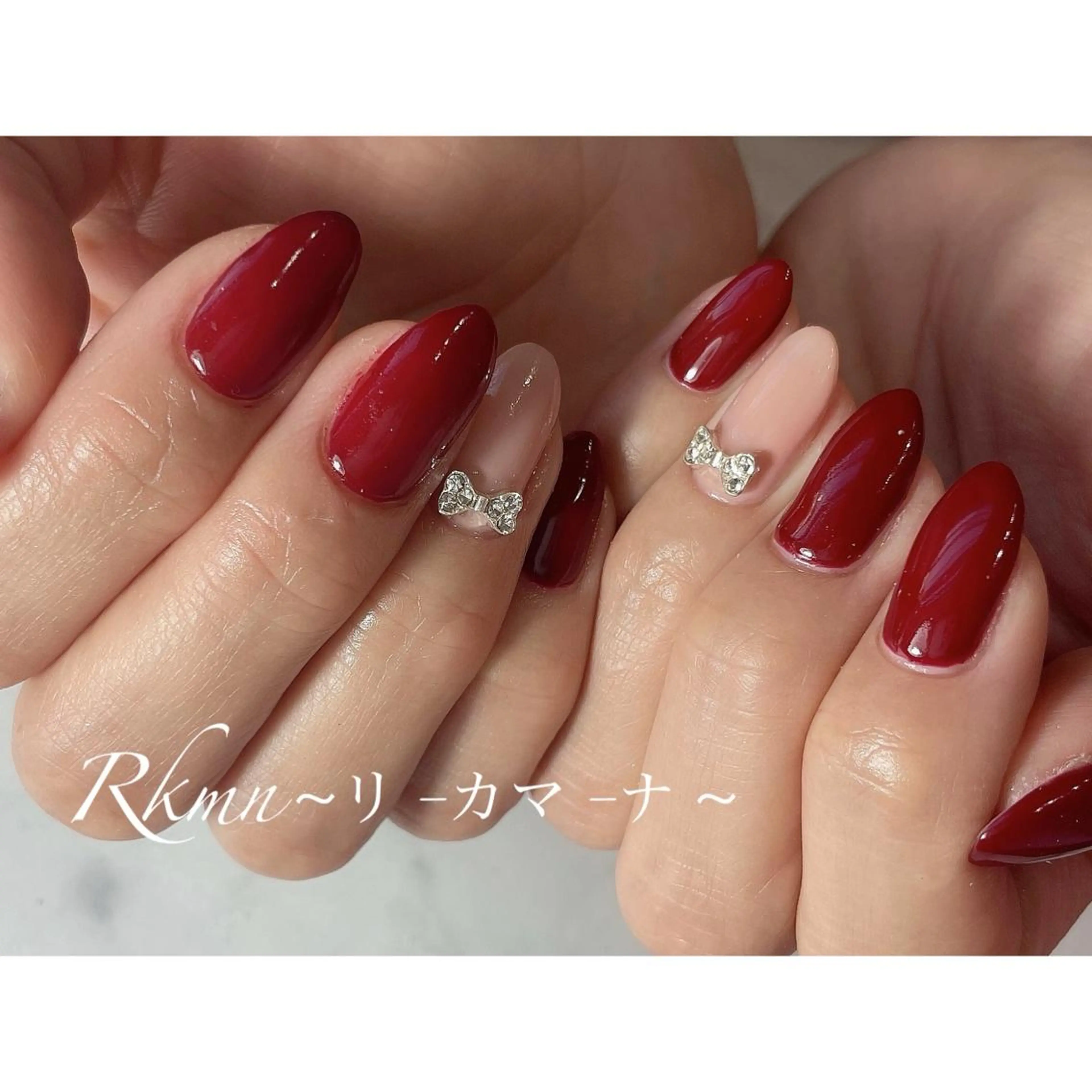 ネイル アートネイル ボルドー ピンク ピンクベージュ リボン ハンドネイル フットネイル ハンドケア Rkmn ~リ-カマ-ナ~のネイルデザイン