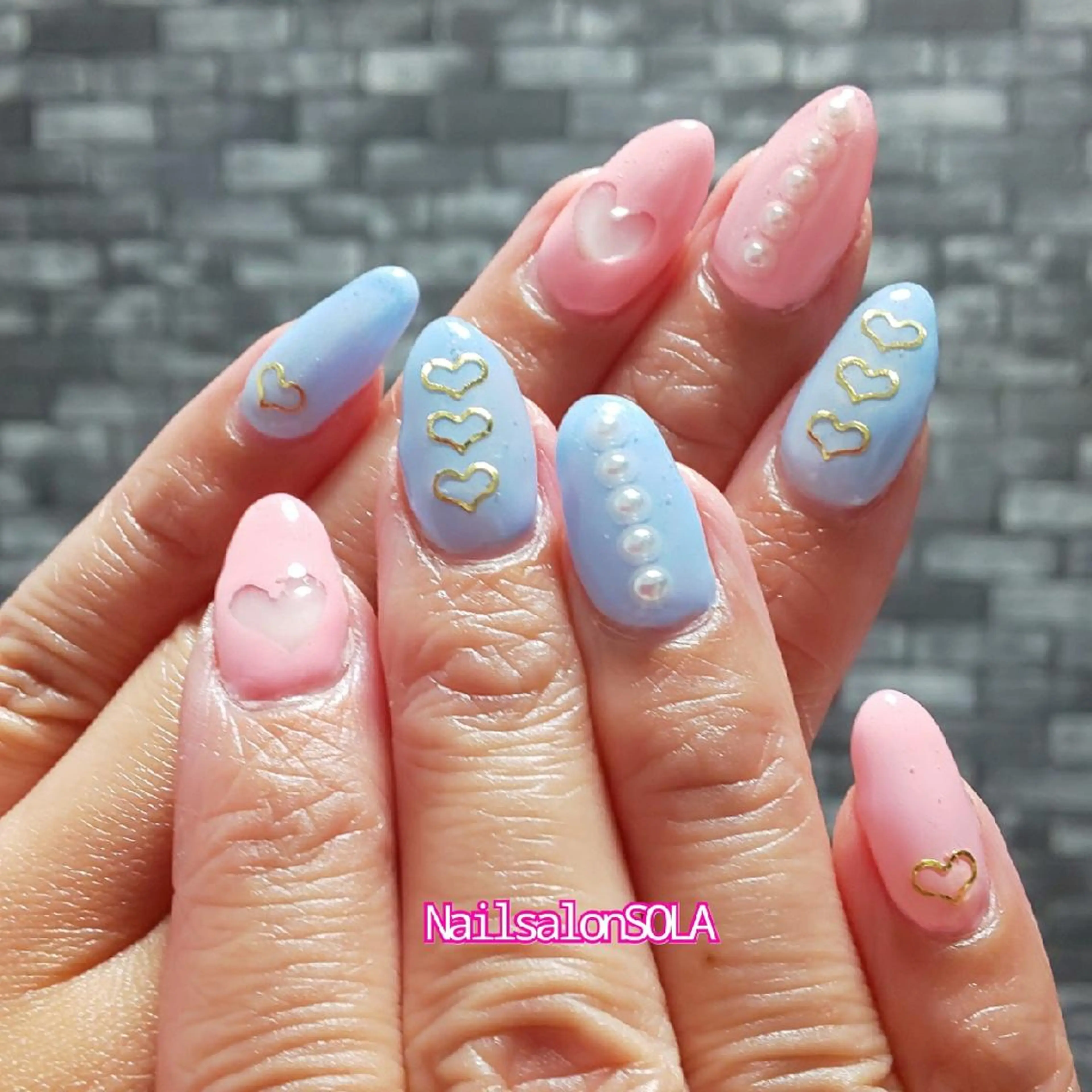 ネイル ハート 水色 ピンク バレンタイン ハンドネイル 田代 夏子のネイルデザイン